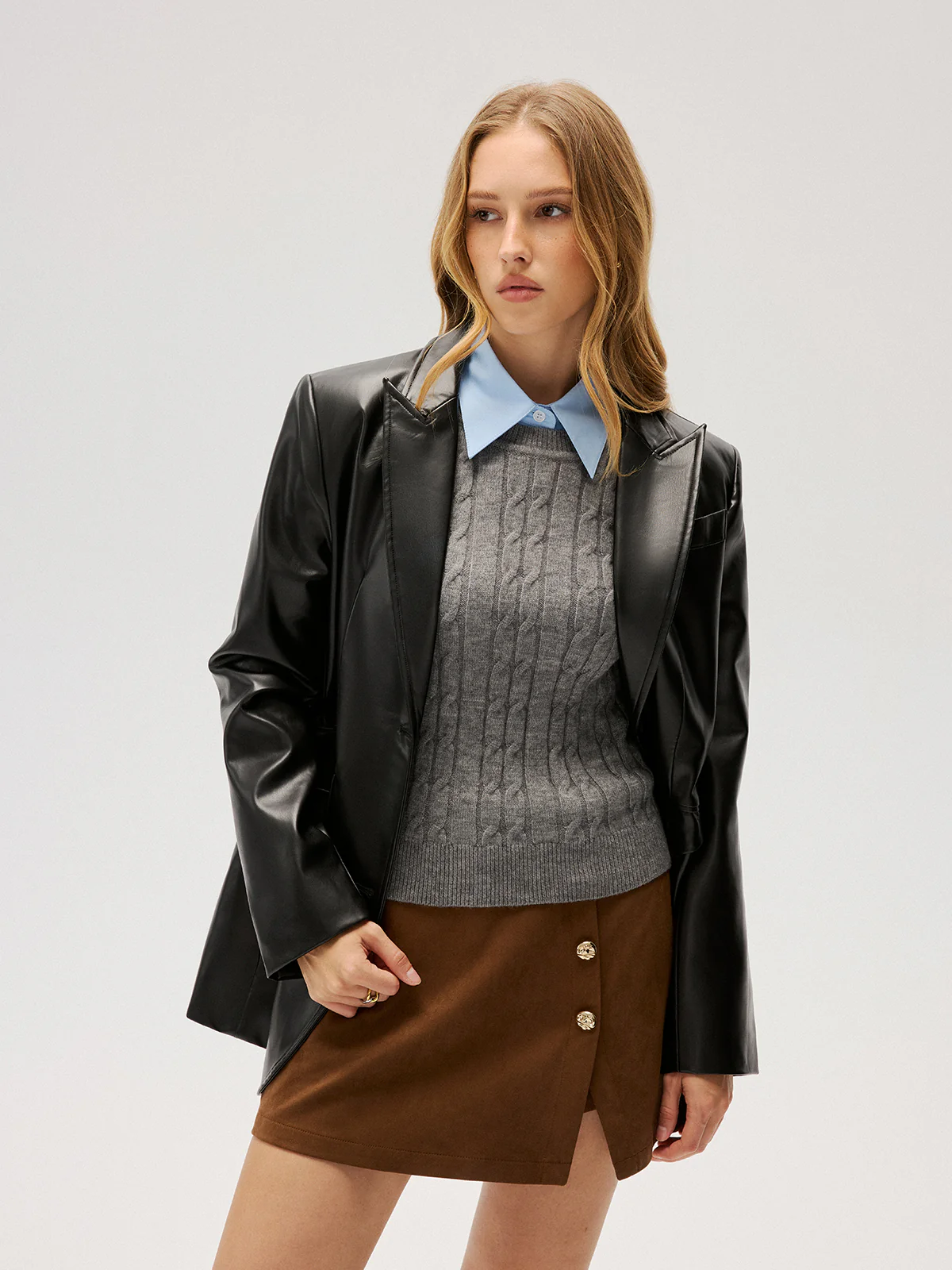 2 in 1 Contrast Shirt Collar Cable-Knit Sweater - Image 4
