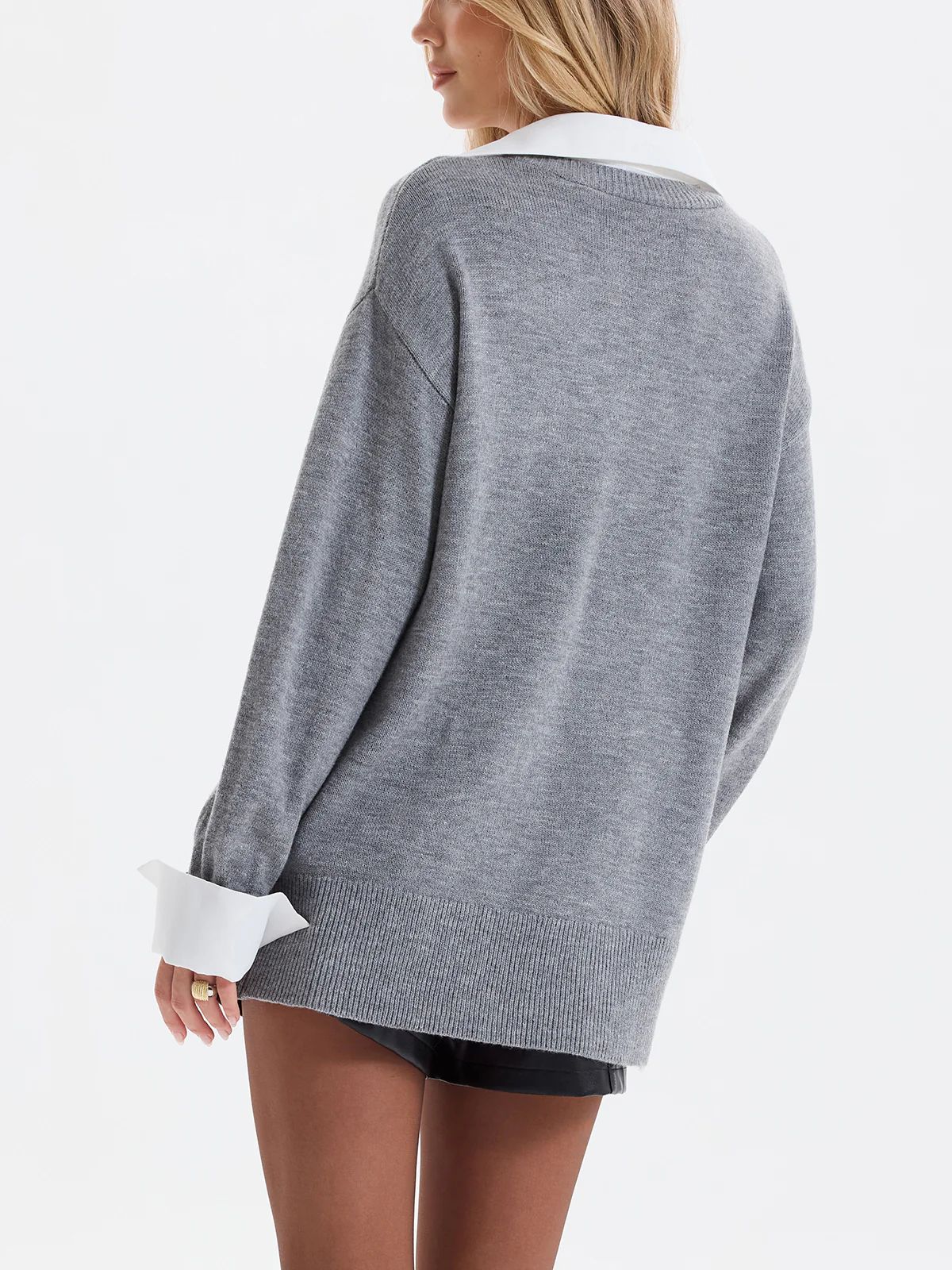 2 in 1 Shirt Panel Loose V-Neck Sweater - Image 6