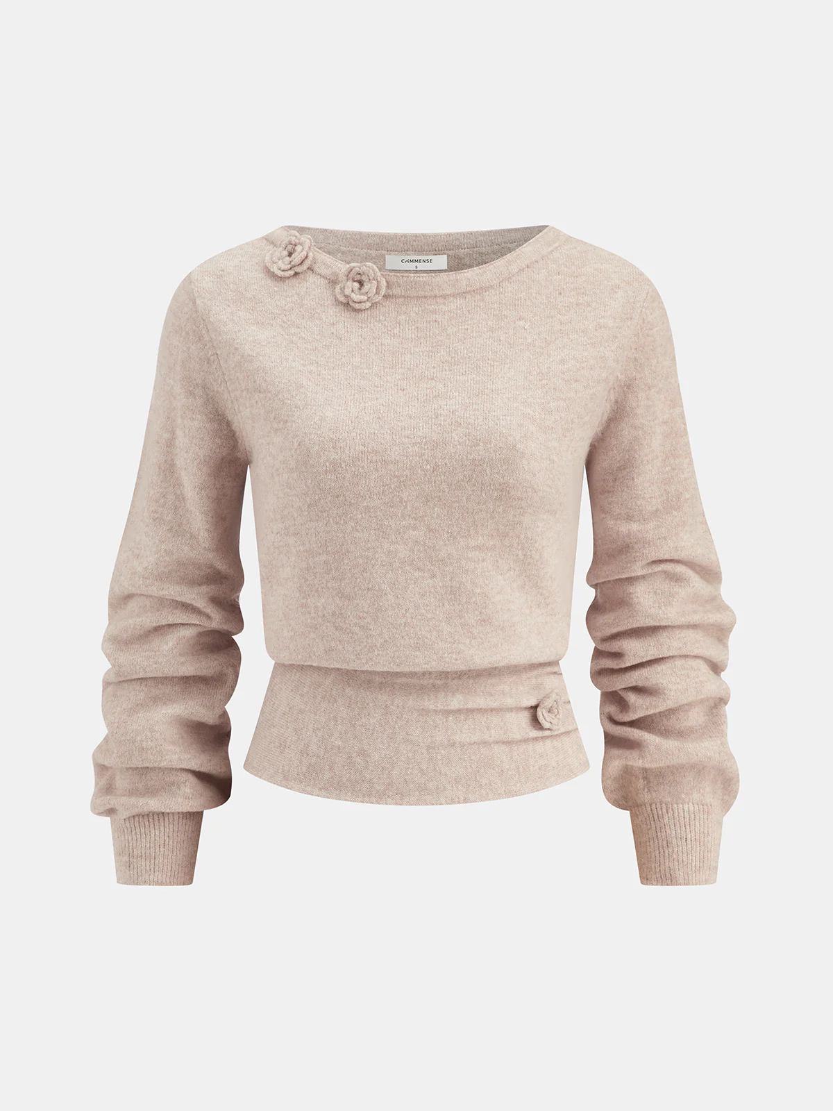 3D Floral Embellished Cinched-Waist Knit Top