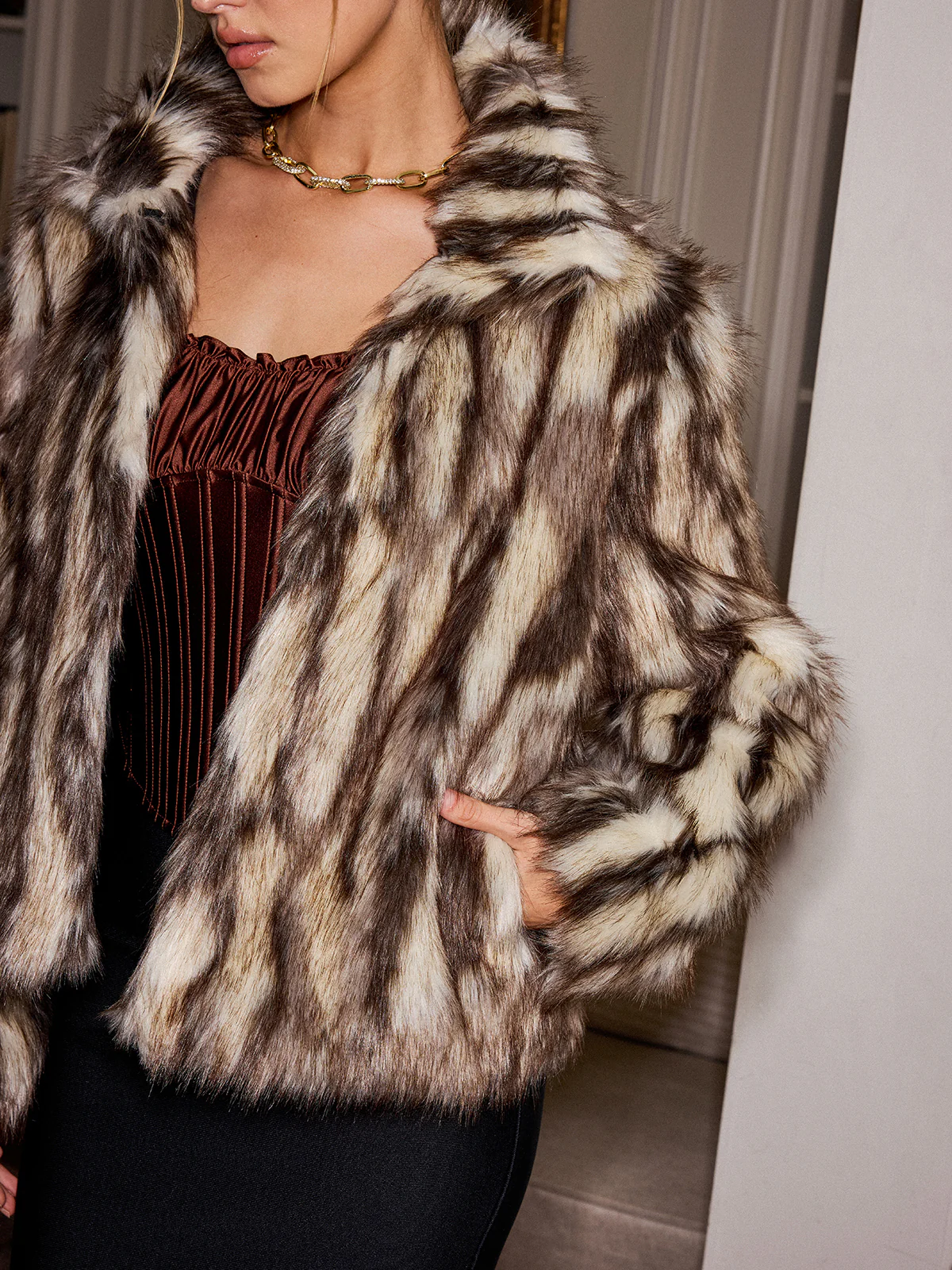 Animal Print Faux Fur Collared Jacket - Image 3