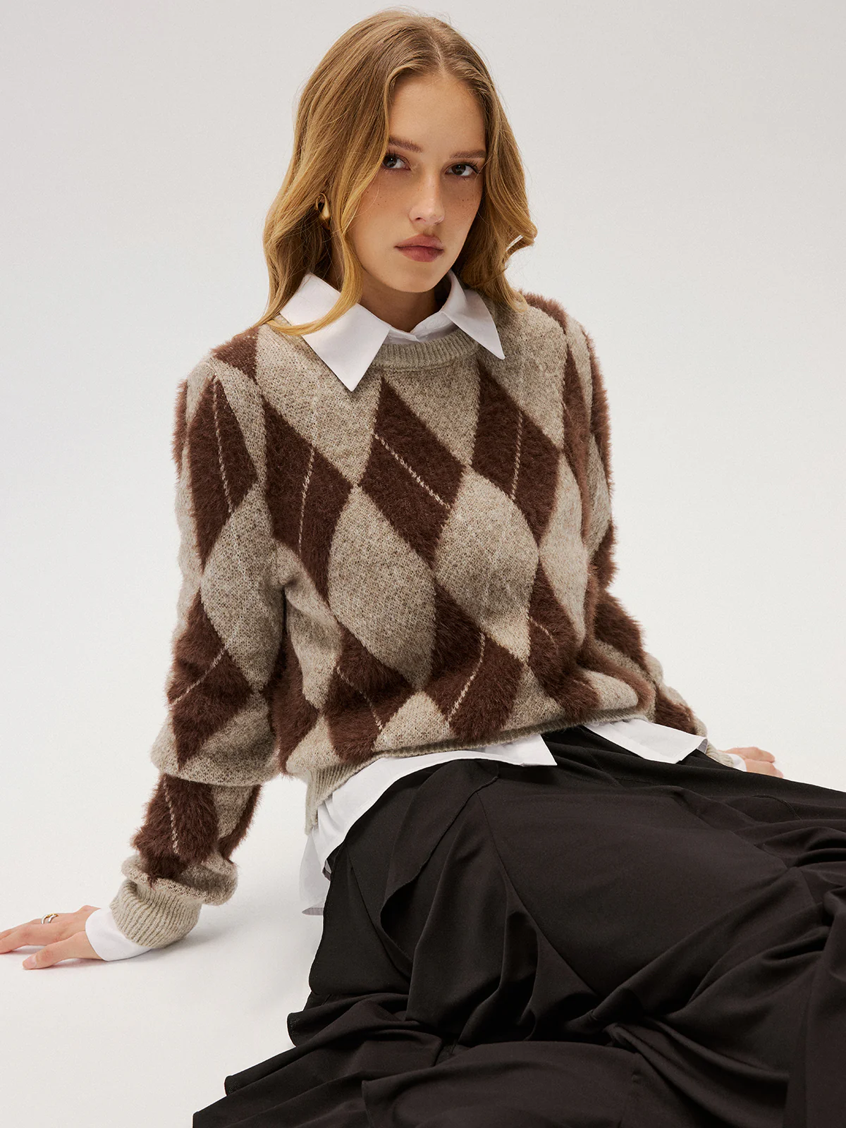 Argyle Pattern Wool Blend Fuzzy Sweater - Image 3