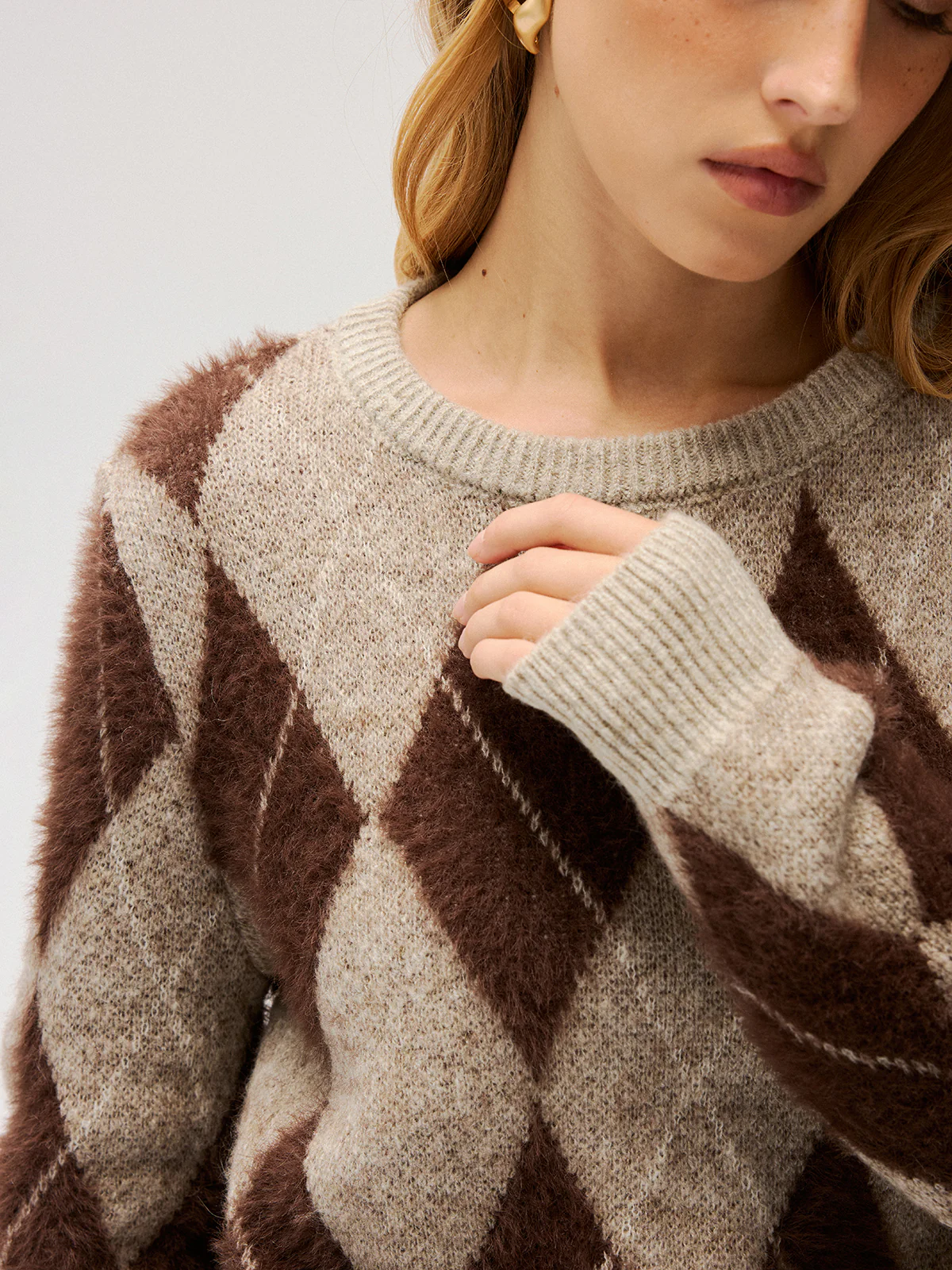 Argyle Pattern Wool Blend Fuzzy Sweater - Image 4