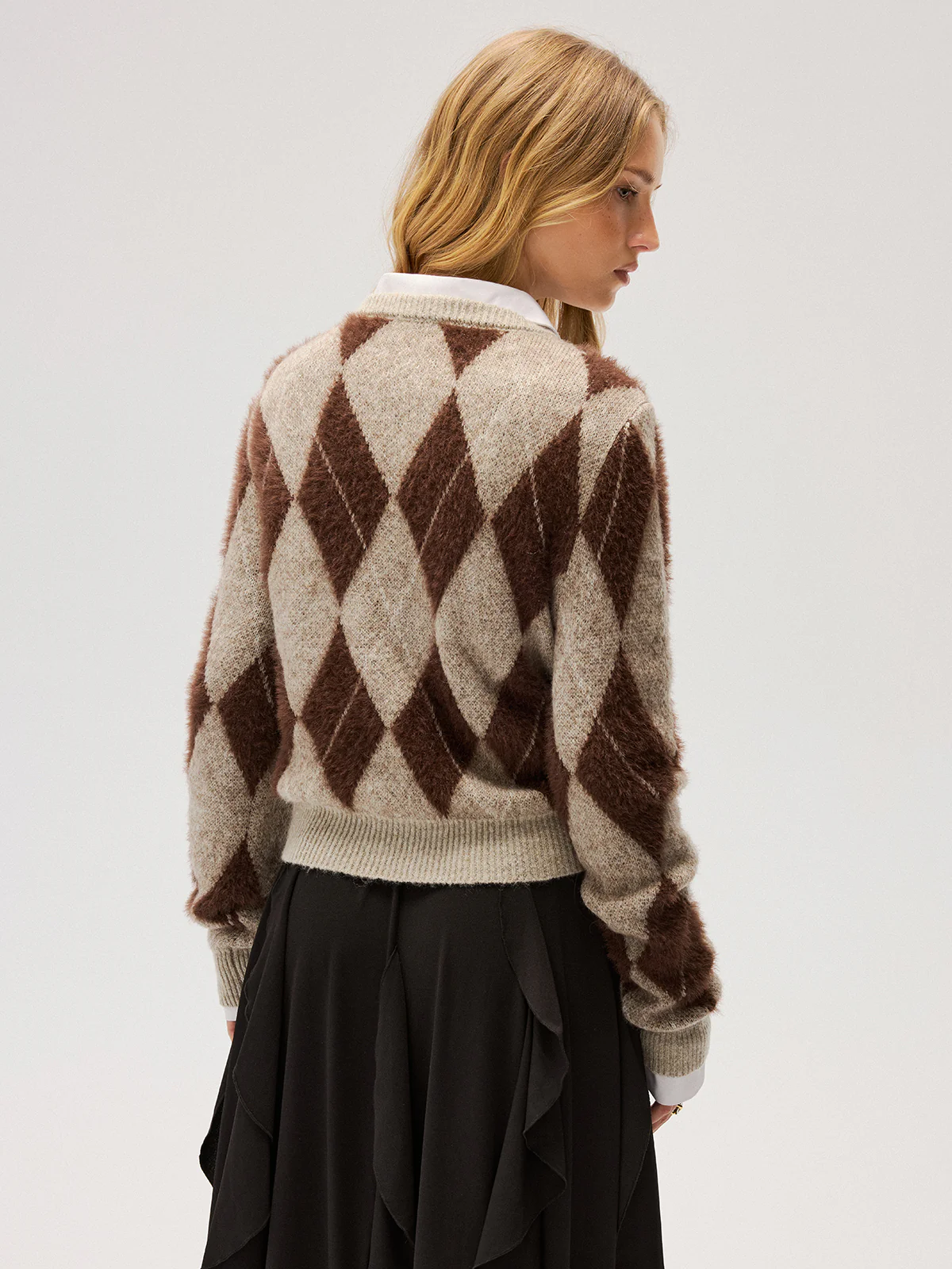 Argyle Pattern Wool Blend Fuzzy Sweater - Image 6
