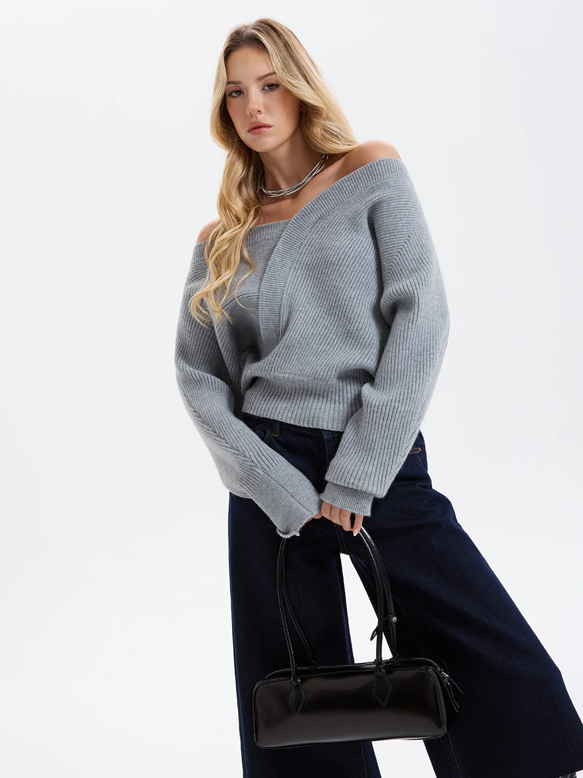 Asymmetric Off-Shoulder Ribbed Sweater - Image 3