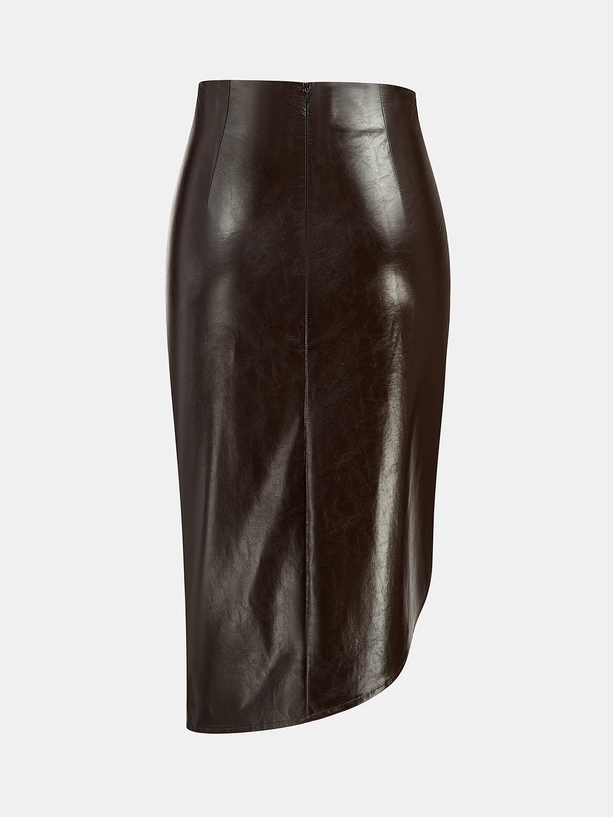Asymmetric Ruched Slit Faux Leather Midi Skirt - Image 2