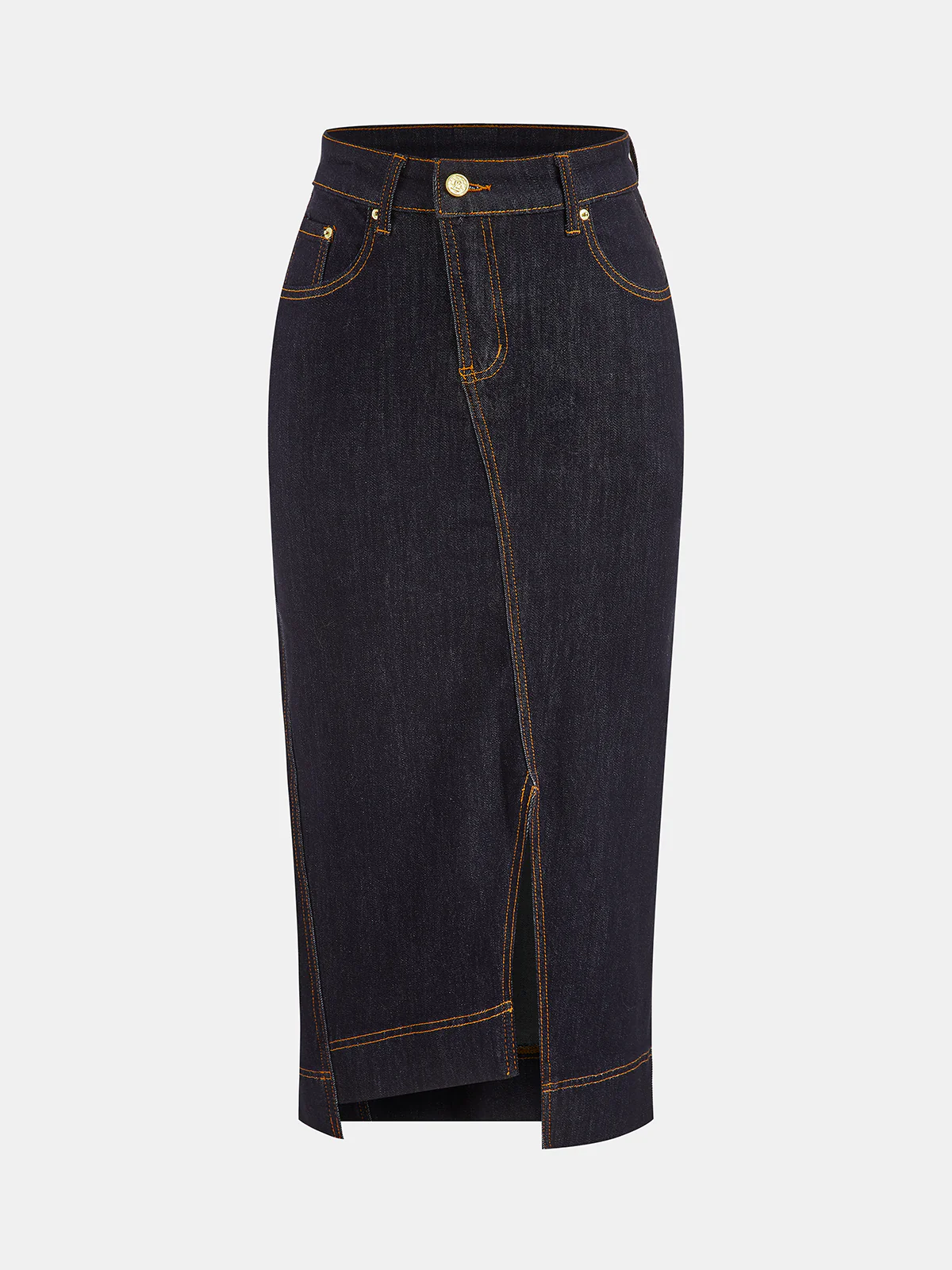Asymmetric Slit Denim Midi Skirt