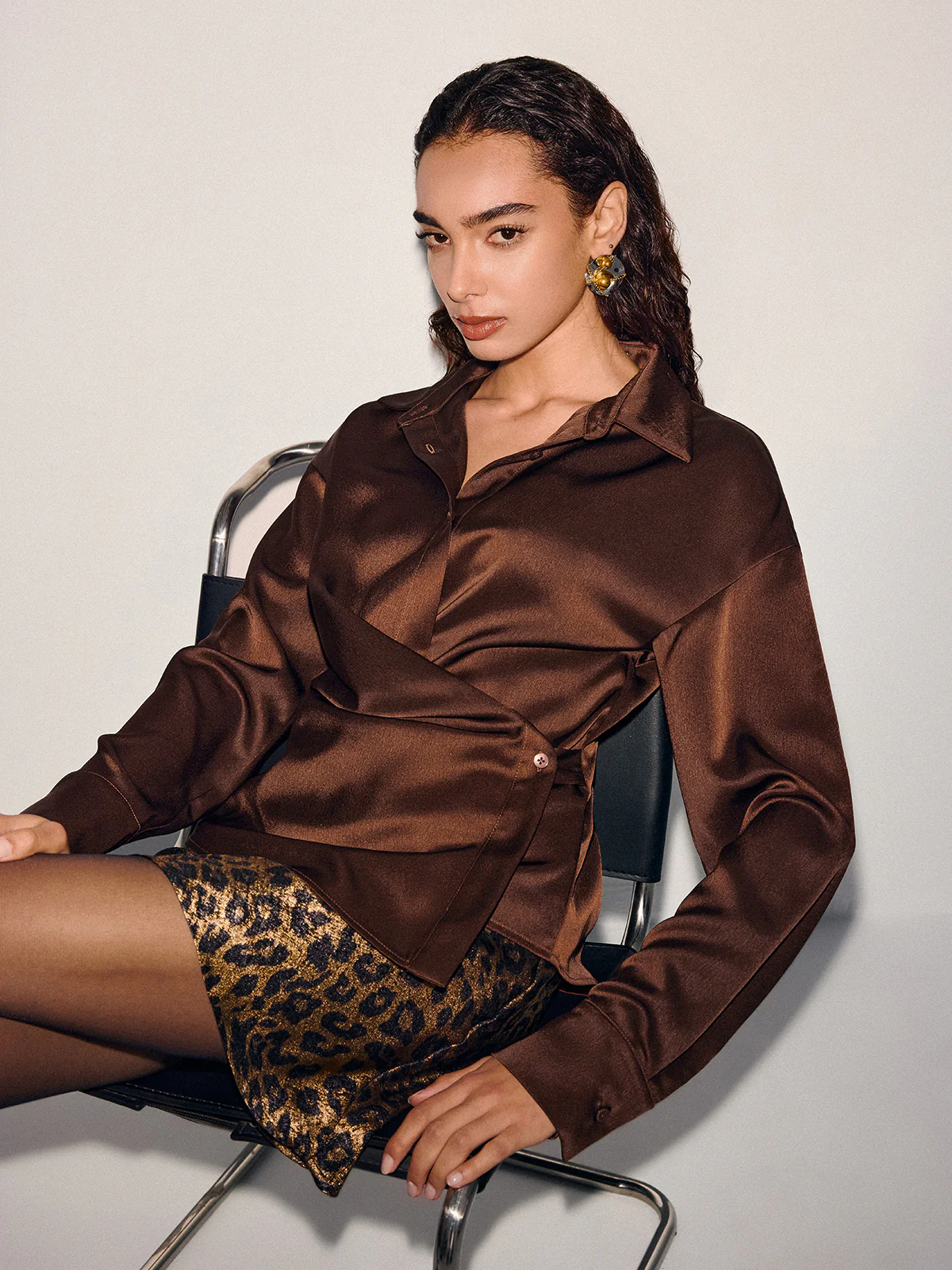 Asymmetric Wrap Satin Shirt - Image 4