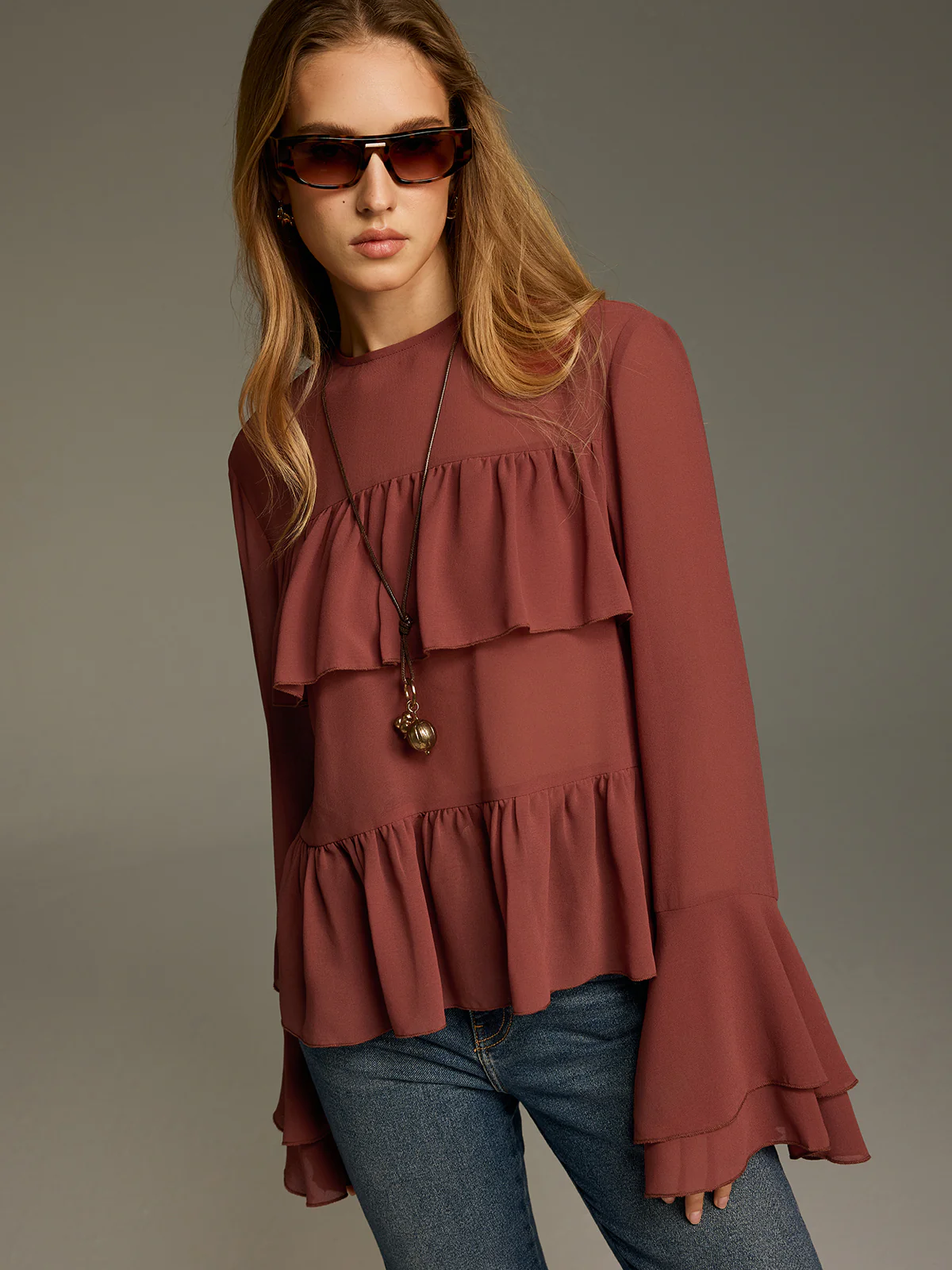 Bell Sleeve Chiffon Tiered Ruffle Blouse - Image 3