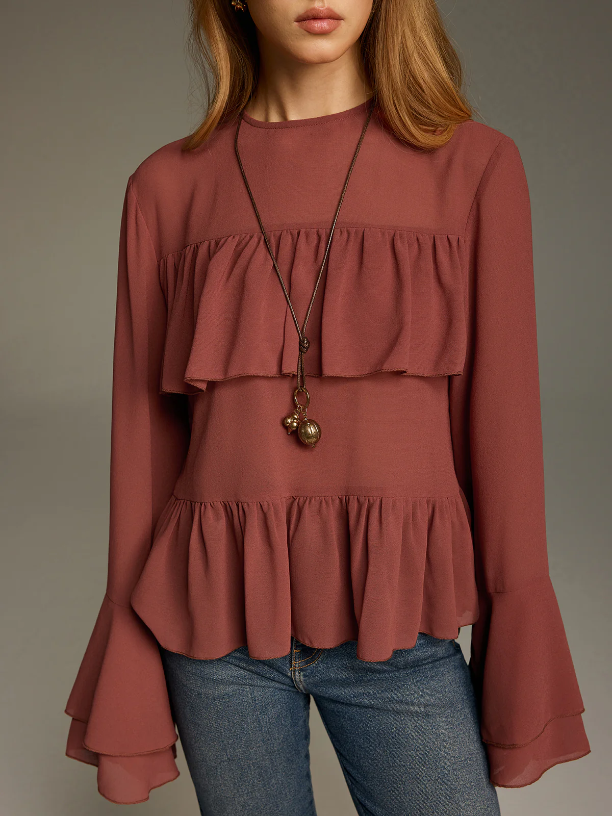 Bell Sleeve Chiffon Tiered Ruffle Blouse - Image 4
