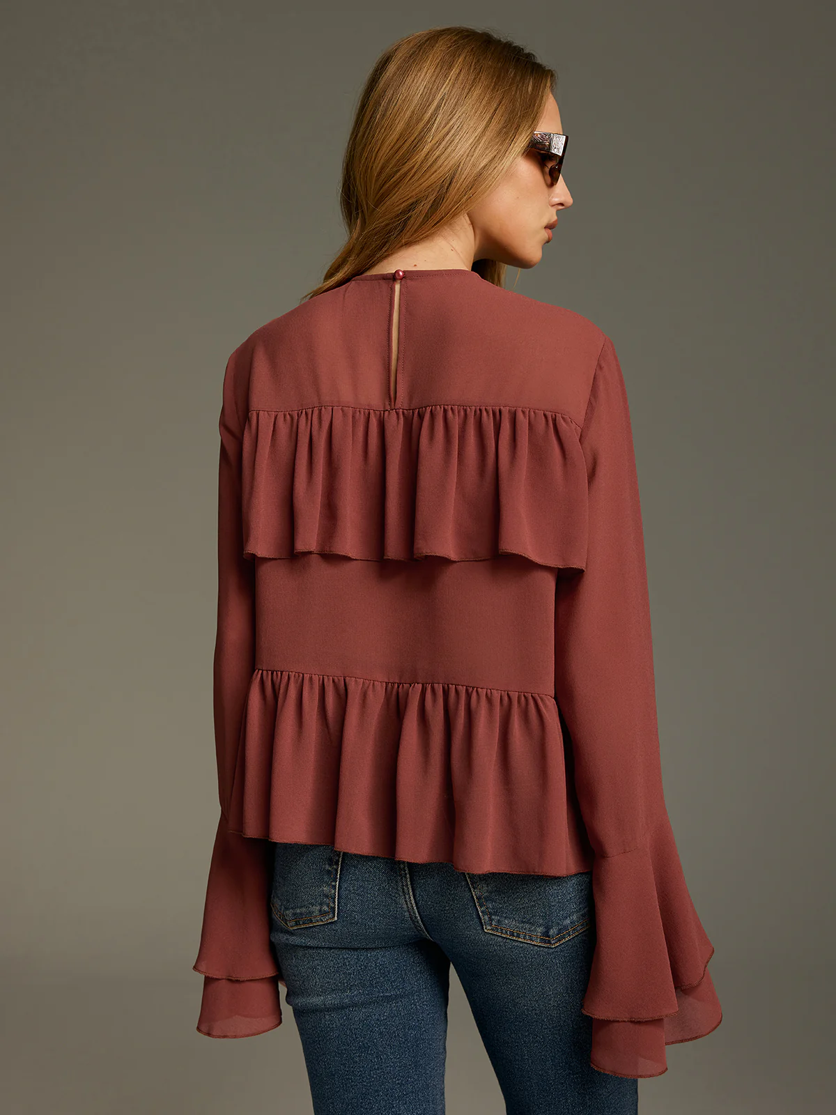 Bell Sleeve Chiffon Tiered Ruffle Blouse - Image 5