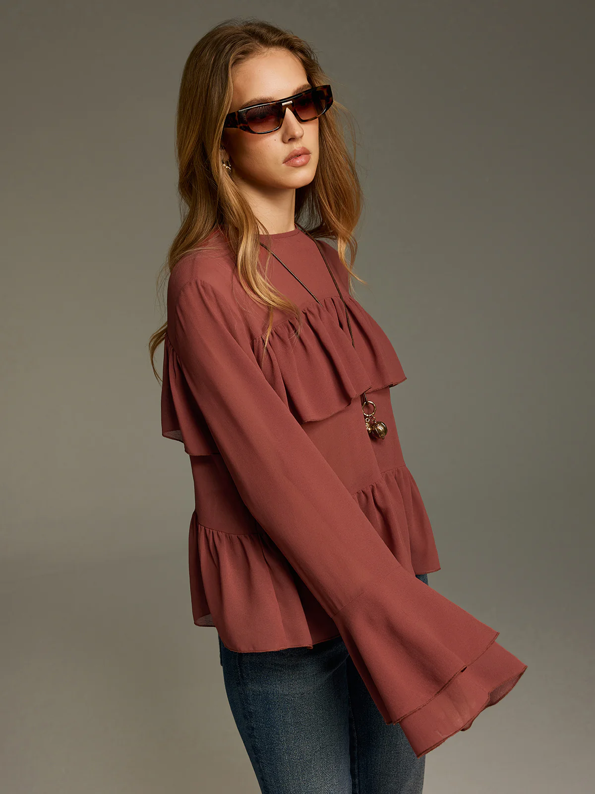 Bell Sleeve Chiffon Tiered Ruffle Blouse - Image 6