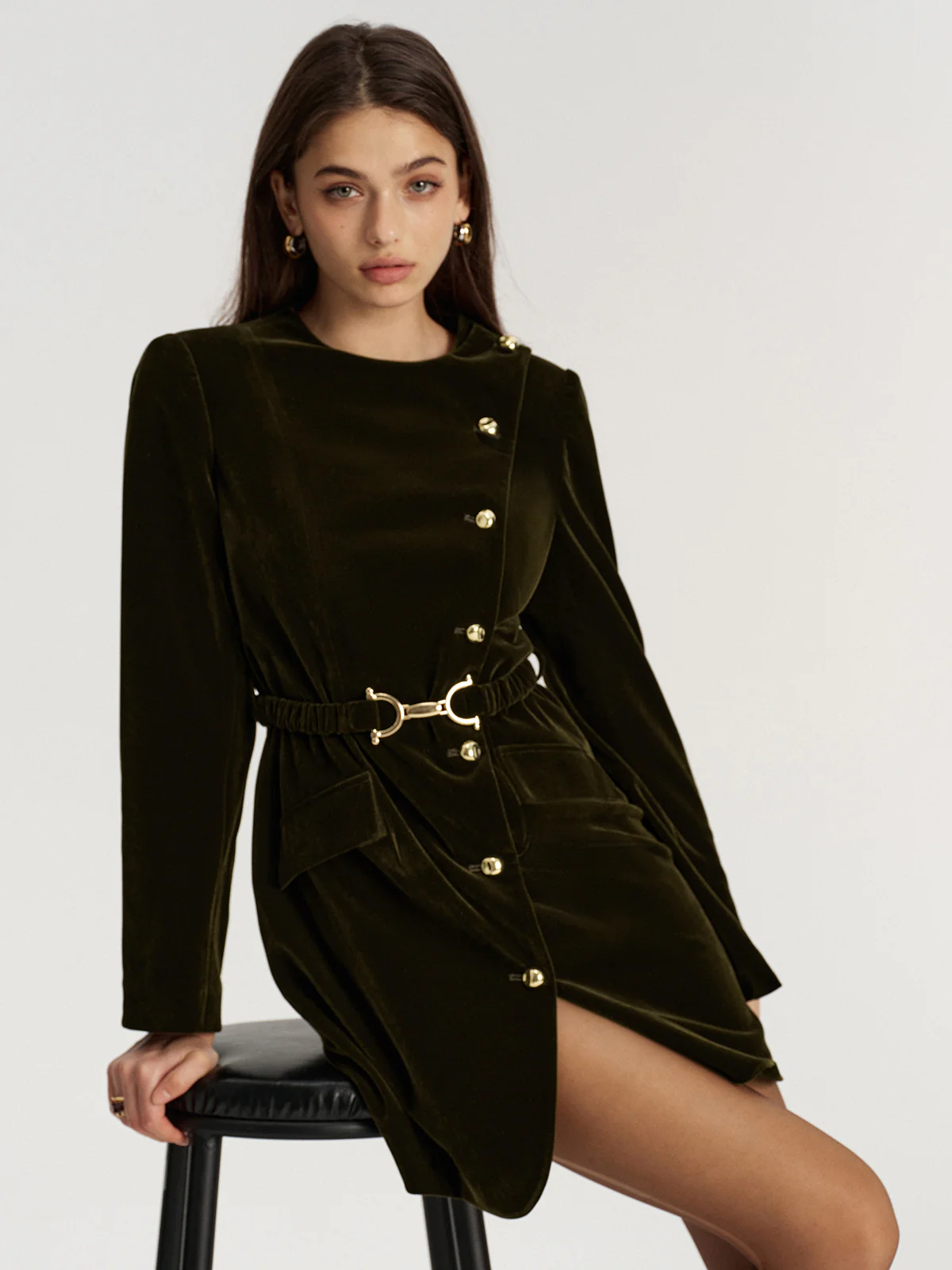 Belted Asymmetric Button Velvet Long Blazer - Image 6