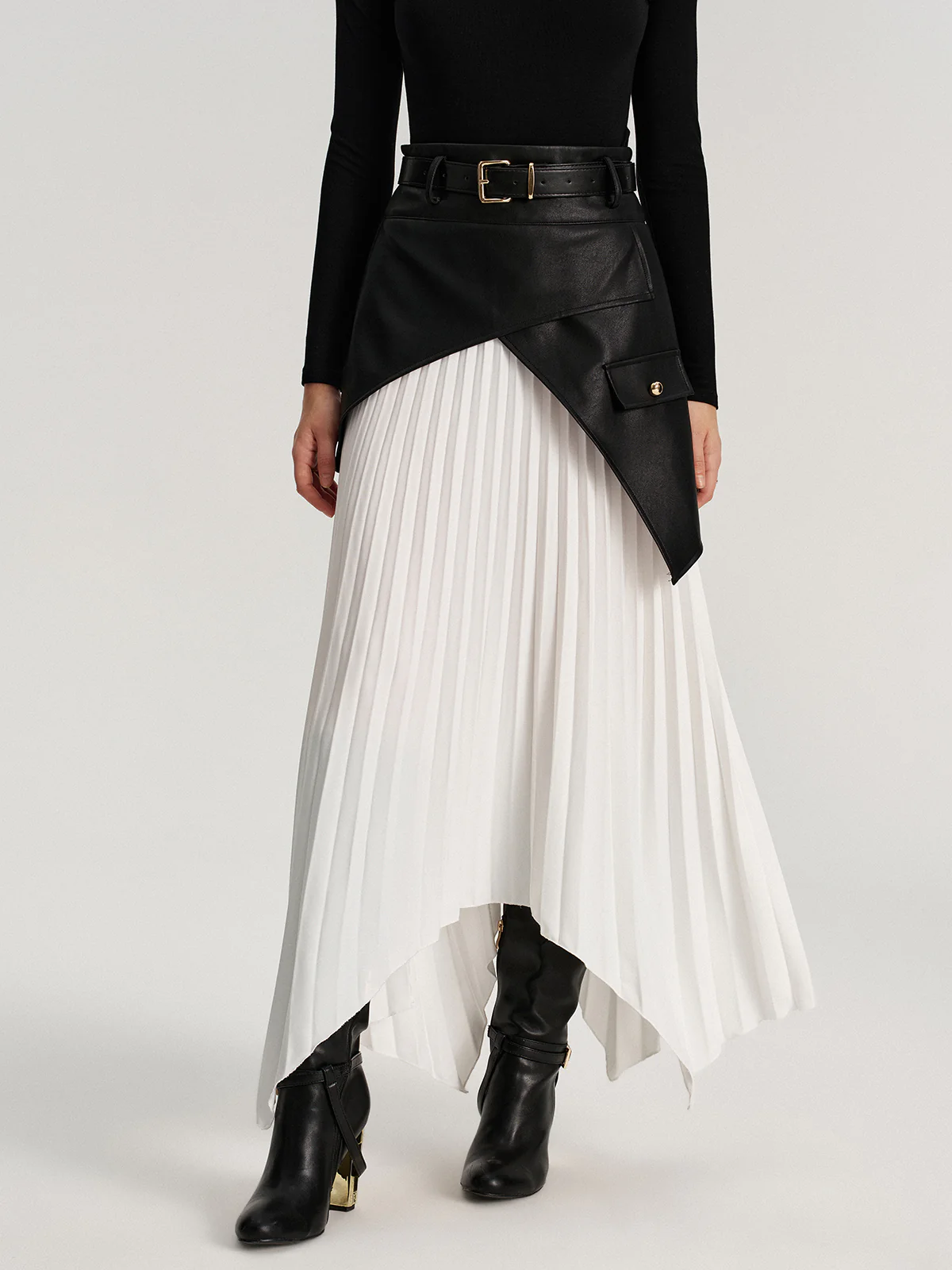 Belted Asymmetric Faux Leather Panel Pleated Maxi Skirt - Image 3