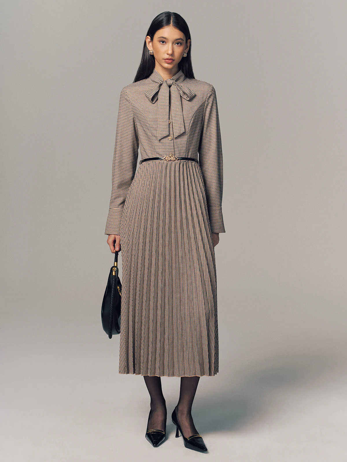 Belted Bow Neck Plaid Pleated Maxi Dress