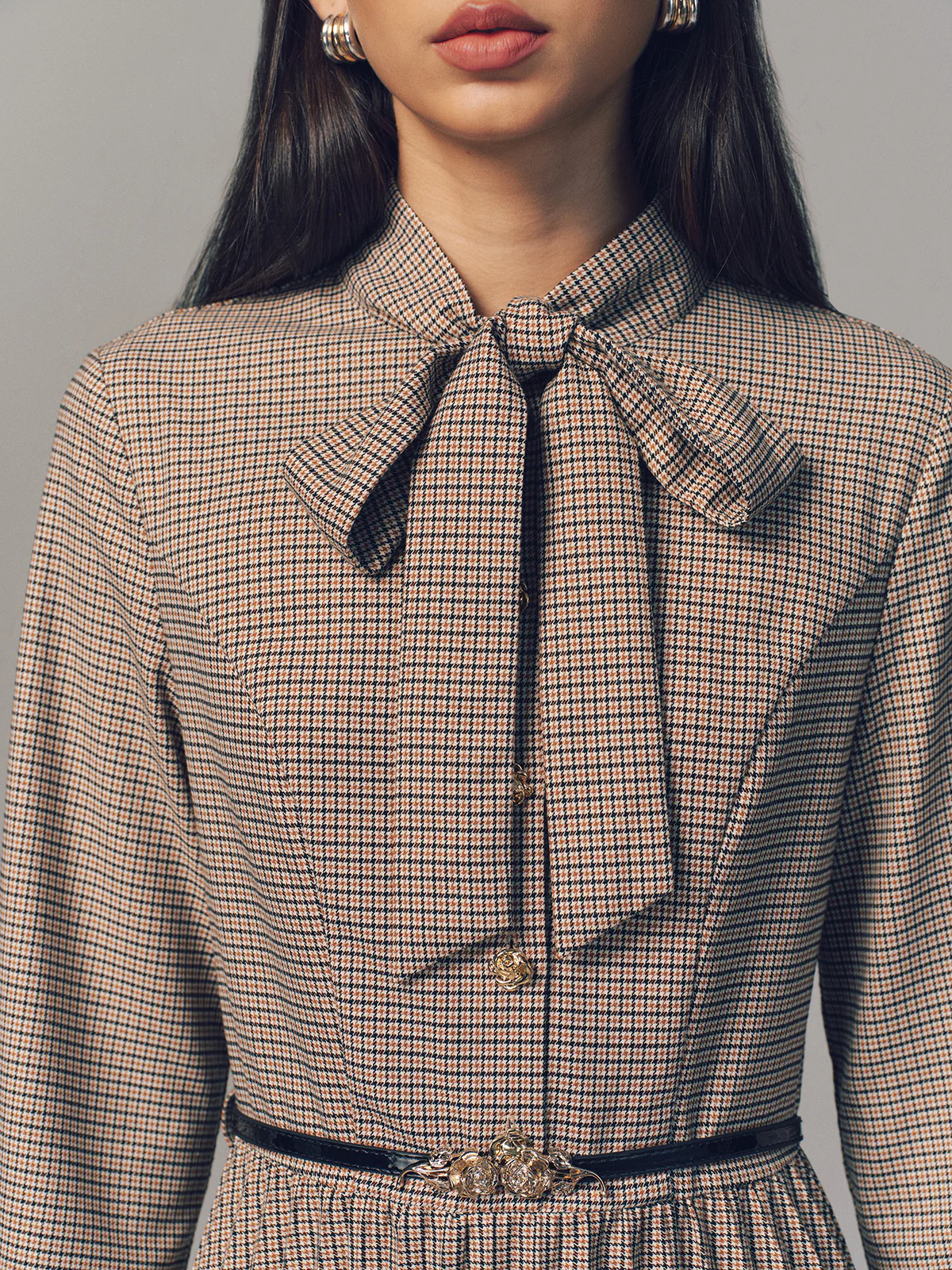 Belted Bow Neck Plaid Pleated Maxi Dress - Image 3