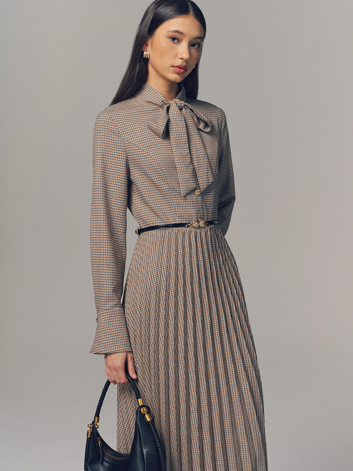 Belted Bow Neck Plaid Pleated Maxi Dress - Image 4