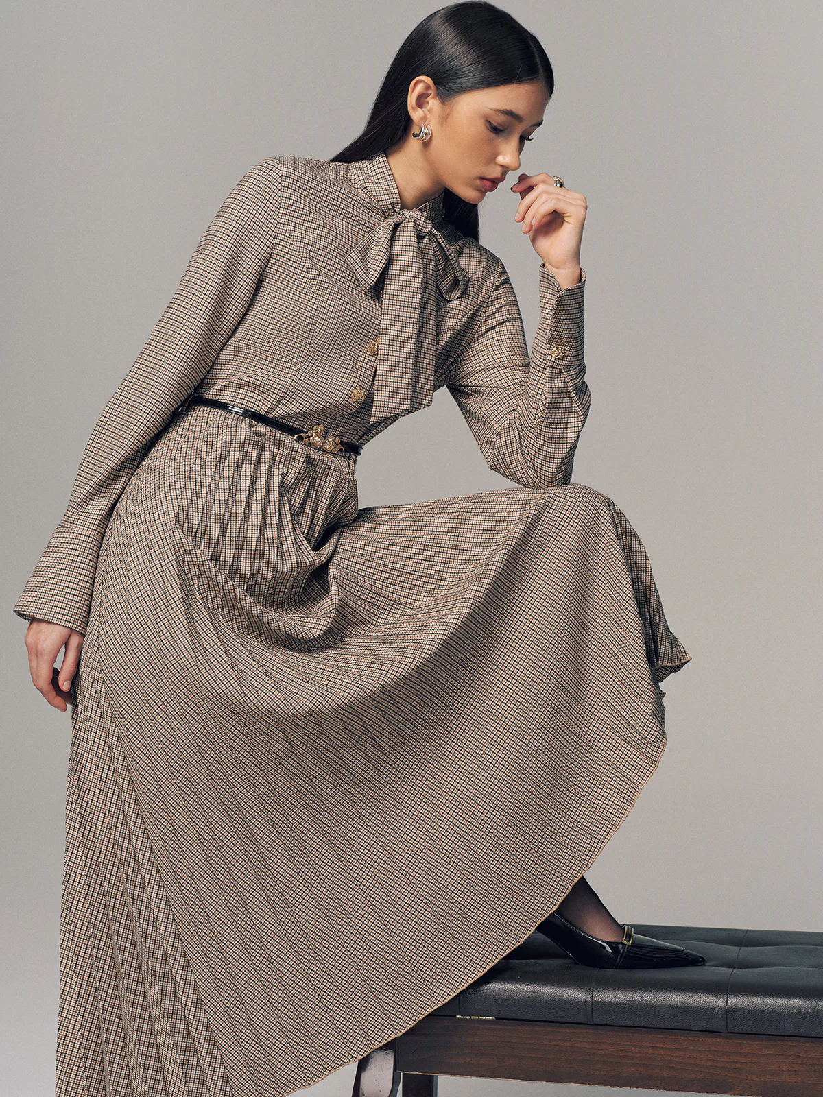 Belted Bow Neck Plaid Pleated Maxi Dress - Image 6