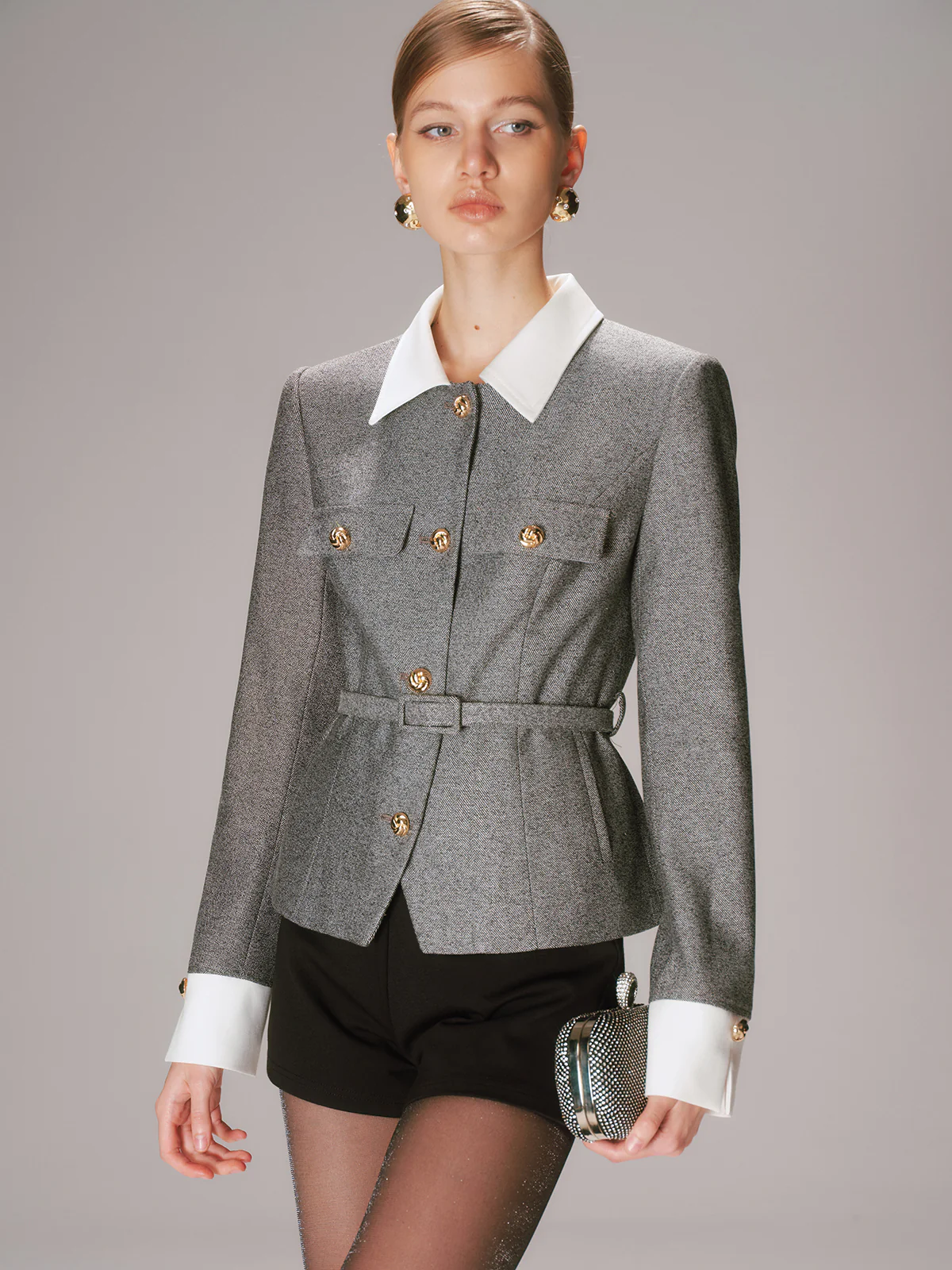 Belted Contrast Collar Tweed Blazer - Image 5