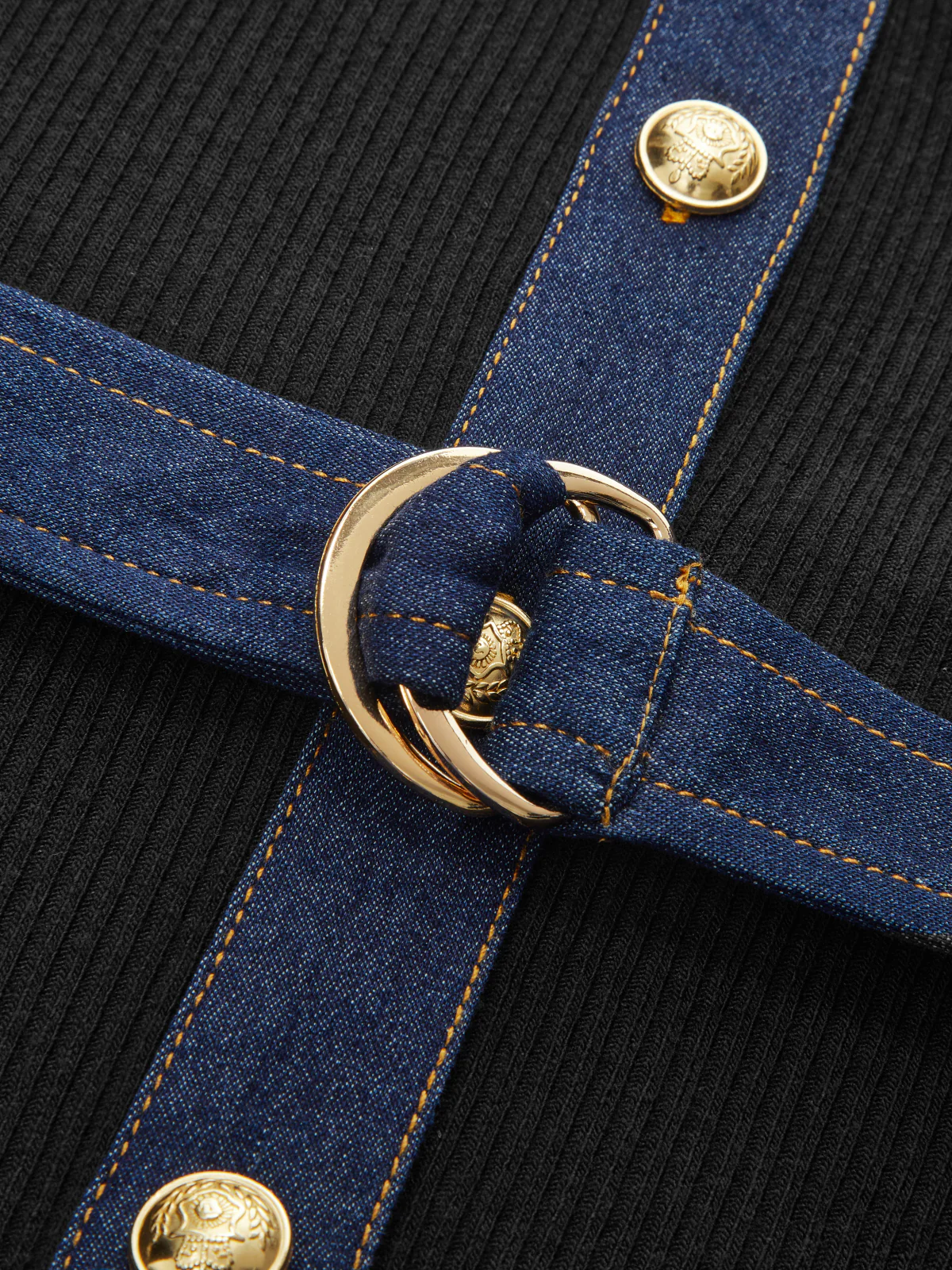 Belted Denim Panel Ribbed Knit Mini Dress - Image 4