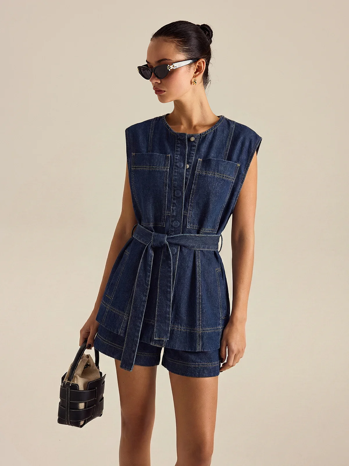 Belted Denim Sleeveless Vest & Shorts Set