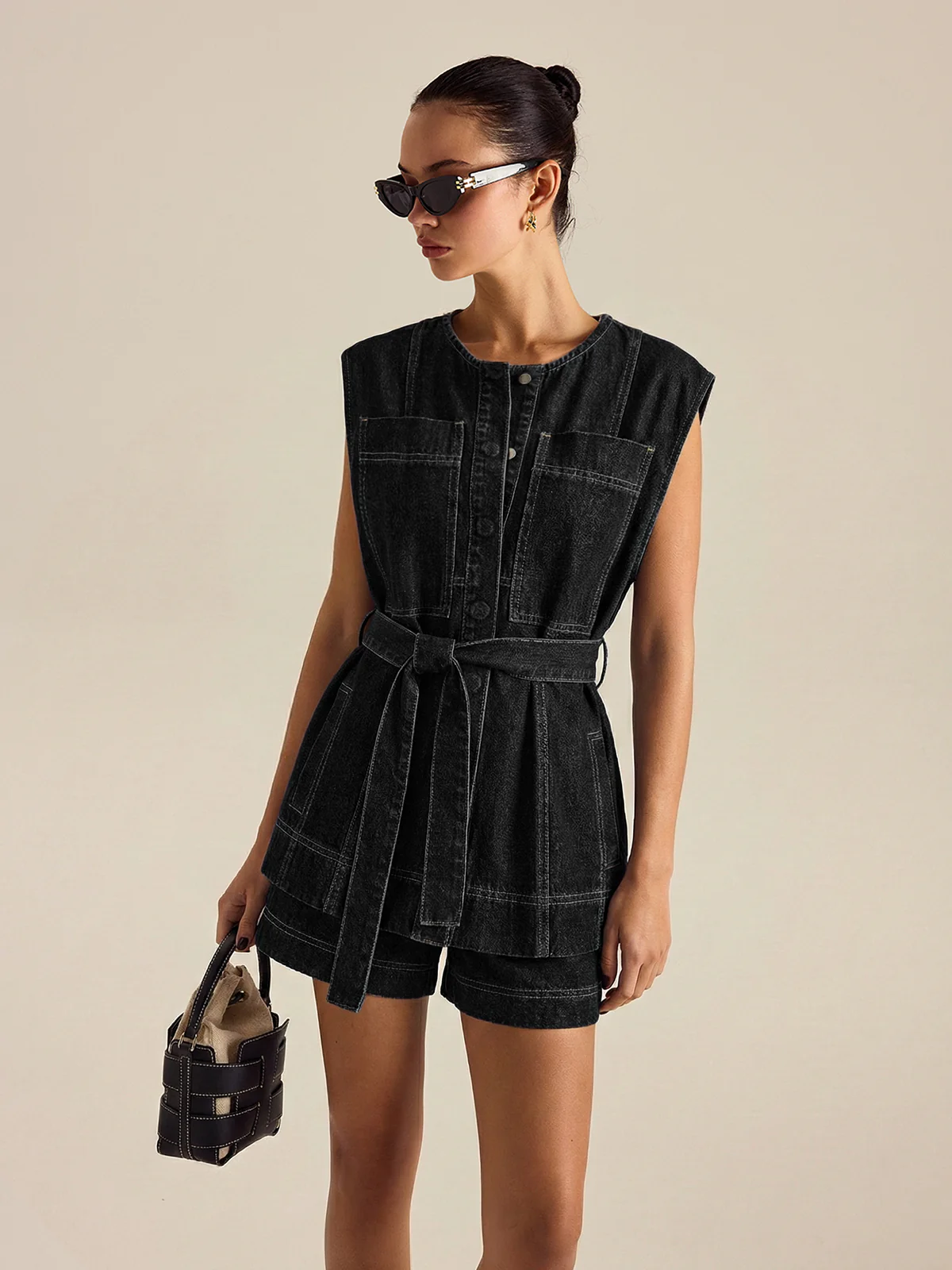 Belted Denim Sleeveless Vest & Shorts Set - Image 10