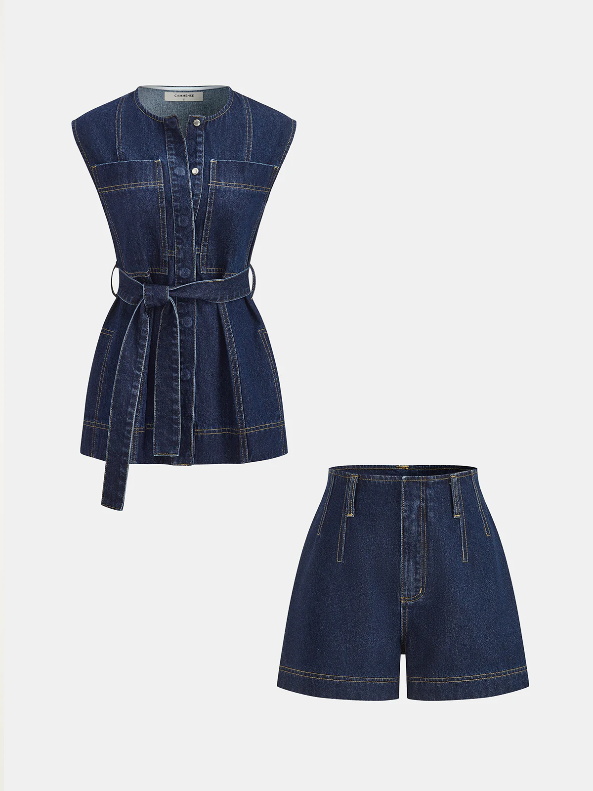 Belted Denim Sleeveless Vest & Shorts Set - Image 2