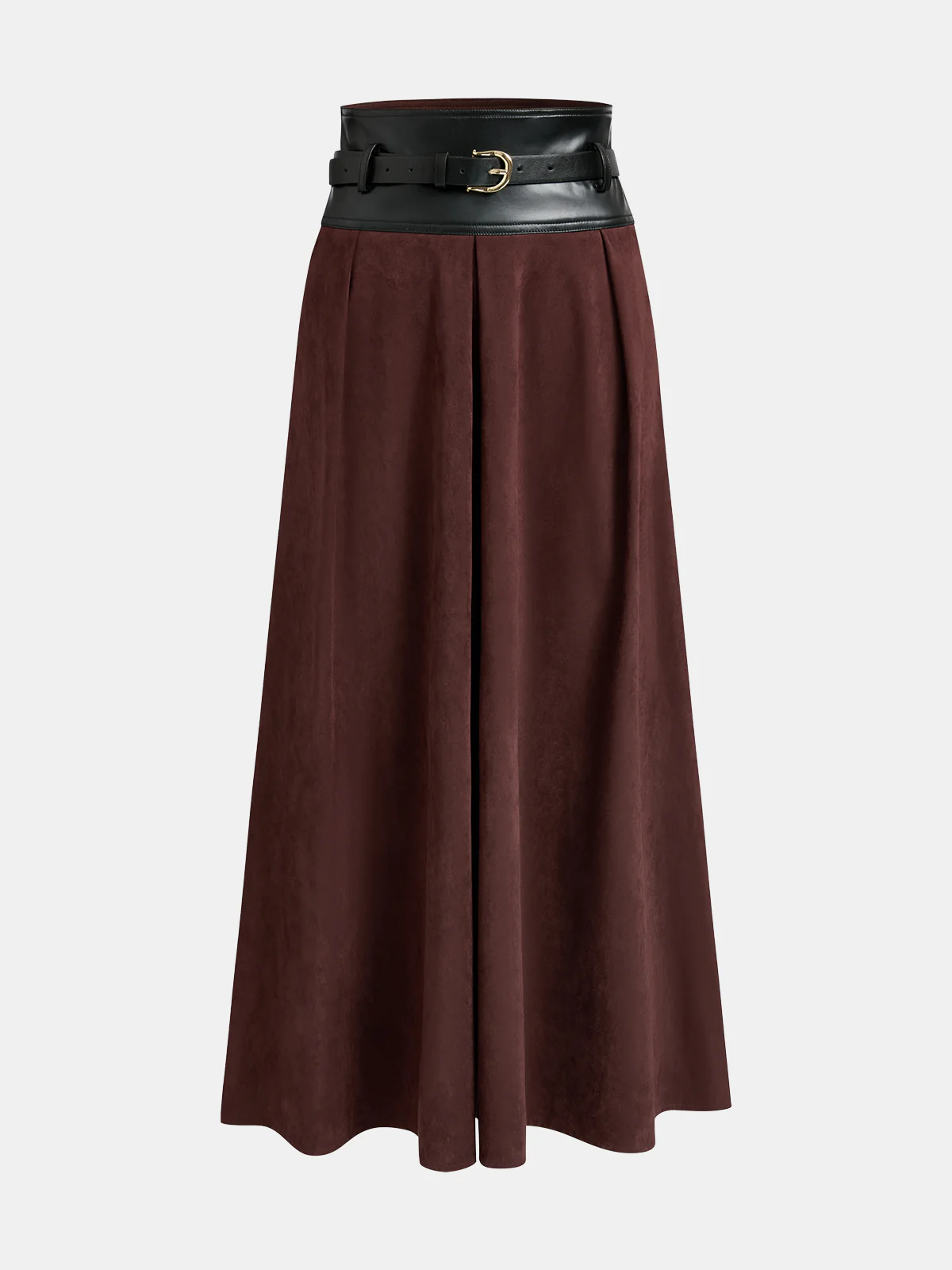 Belted Faux Leather Panel Suede Effect Maxi Skirt