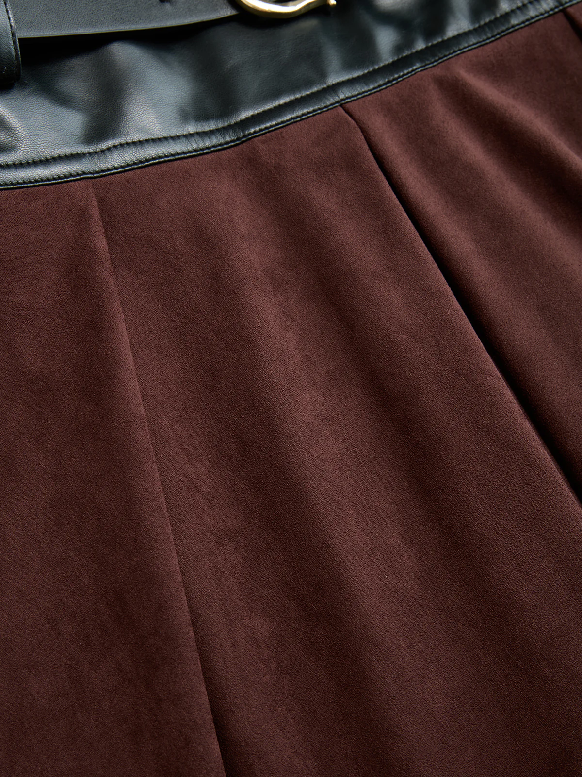 Belted Faux Leather Panel Suede Effect Maxi Skirt - Image 4