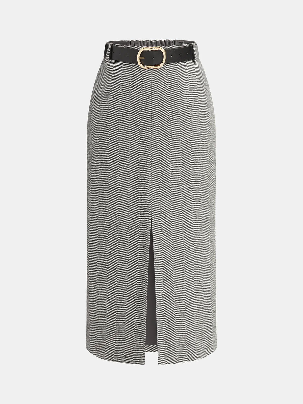Belted Herringbone Slit Midi Skirt