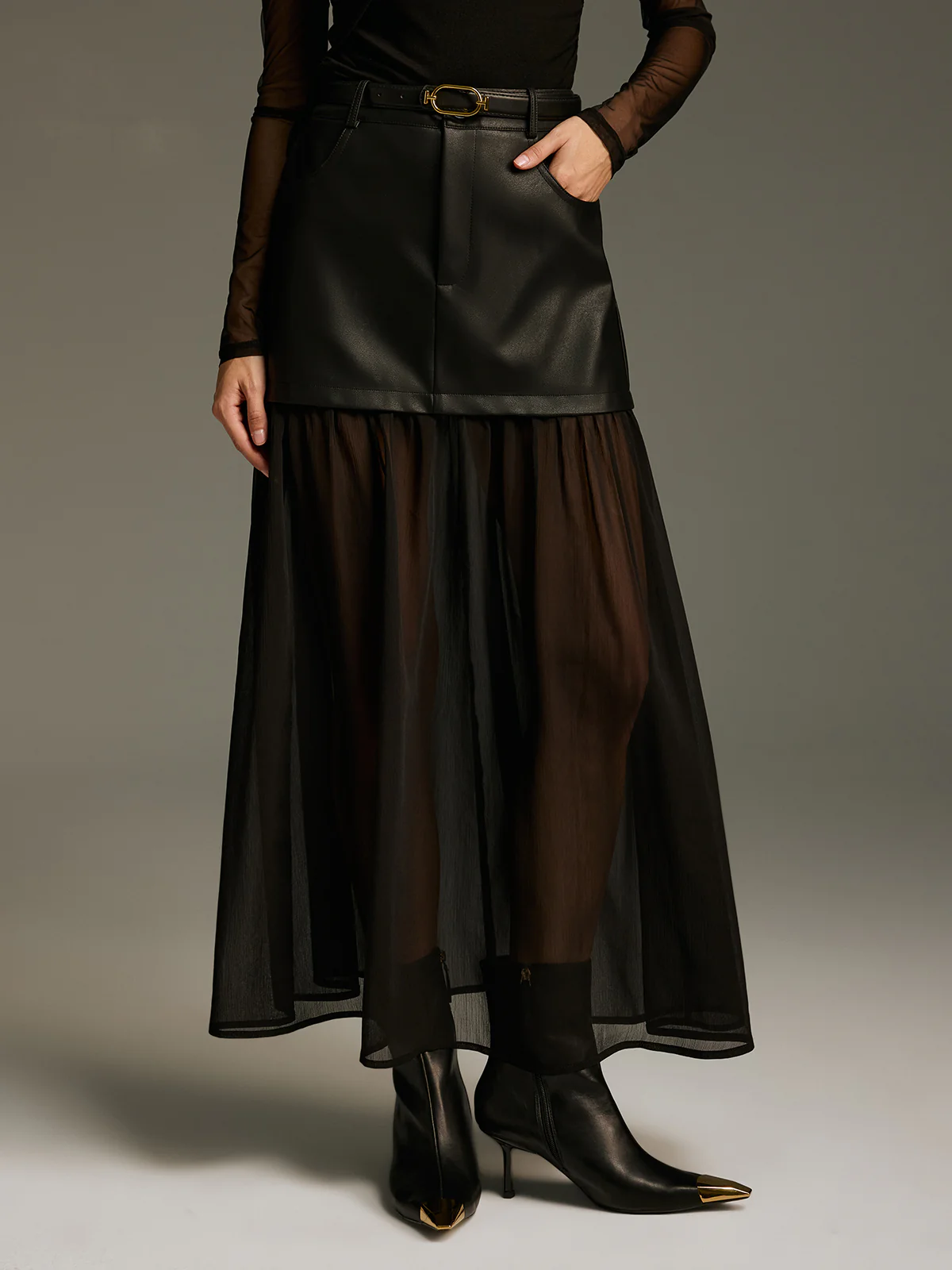 Belted Mesh Hem Faux Leather Maxi Skirt