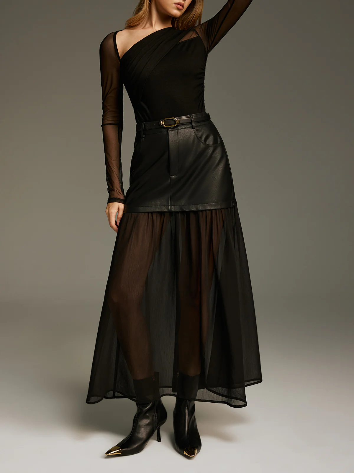 Belted Mesh Hem Faux Leather Maxi Skirt - Image 2