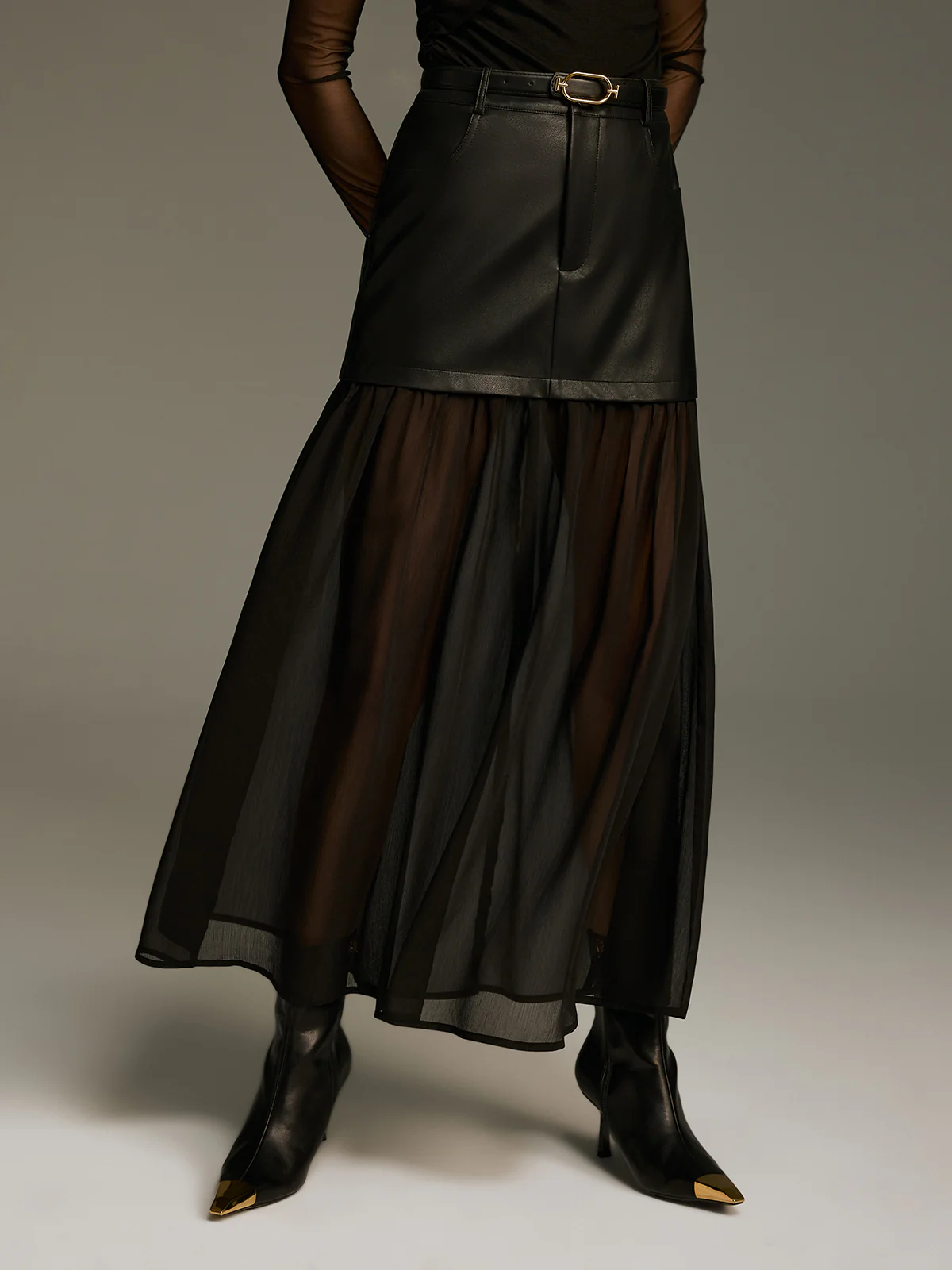 Belted Mesh Hem Faux Leather Maxi Skirt - Image 3