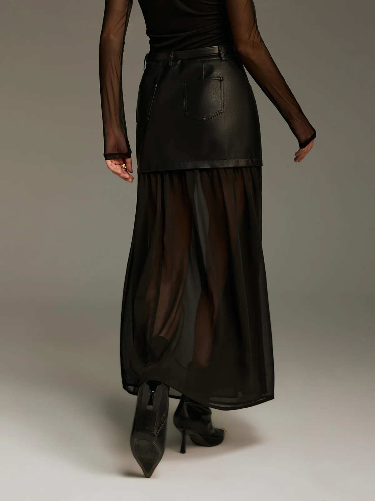 Belted Mesh Hem Faux Leather Maxi Skirt - Image 5
