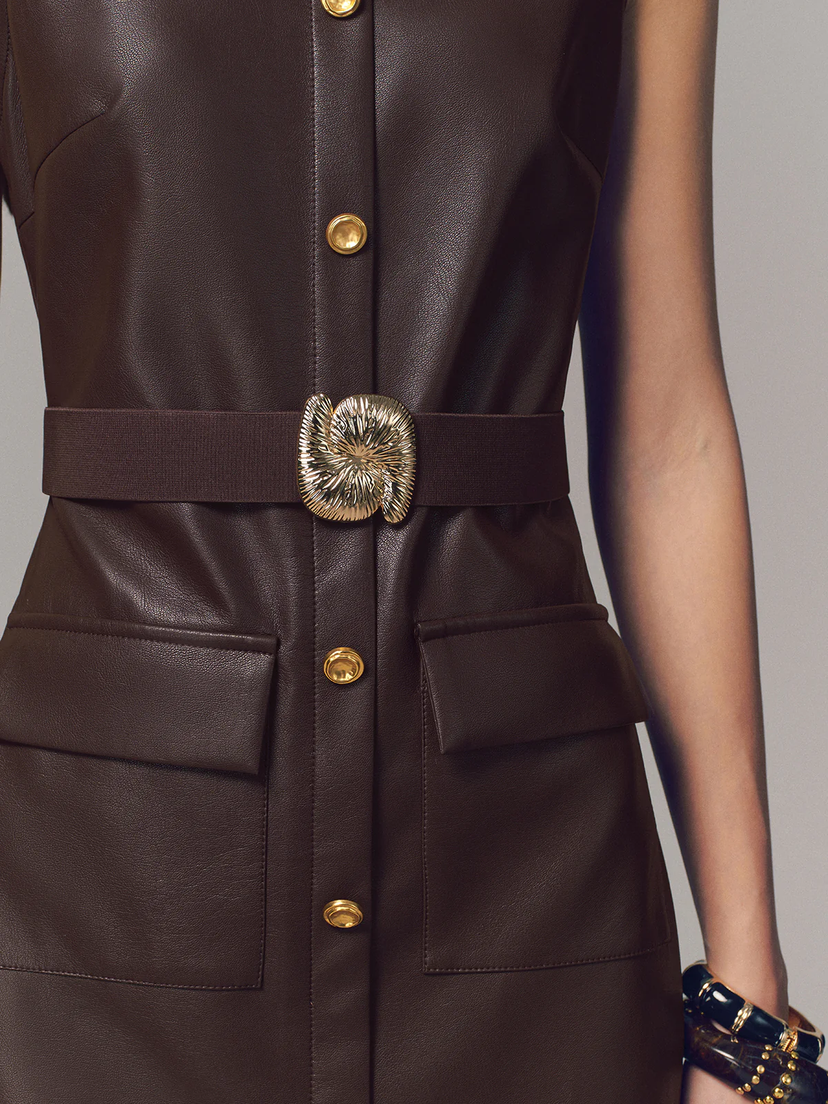 Belted Metal Button Faux Leather Sleeveless Maxi Dress - Image 2