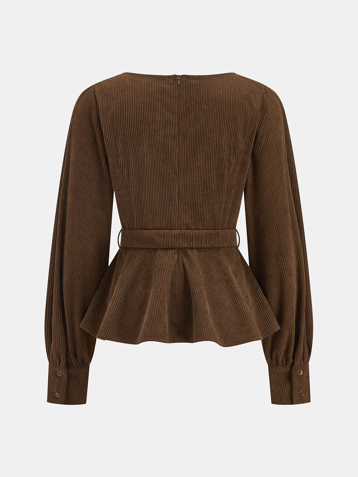 Belted Peplum Corduroy Balloon-Sleeve Top - Image 2