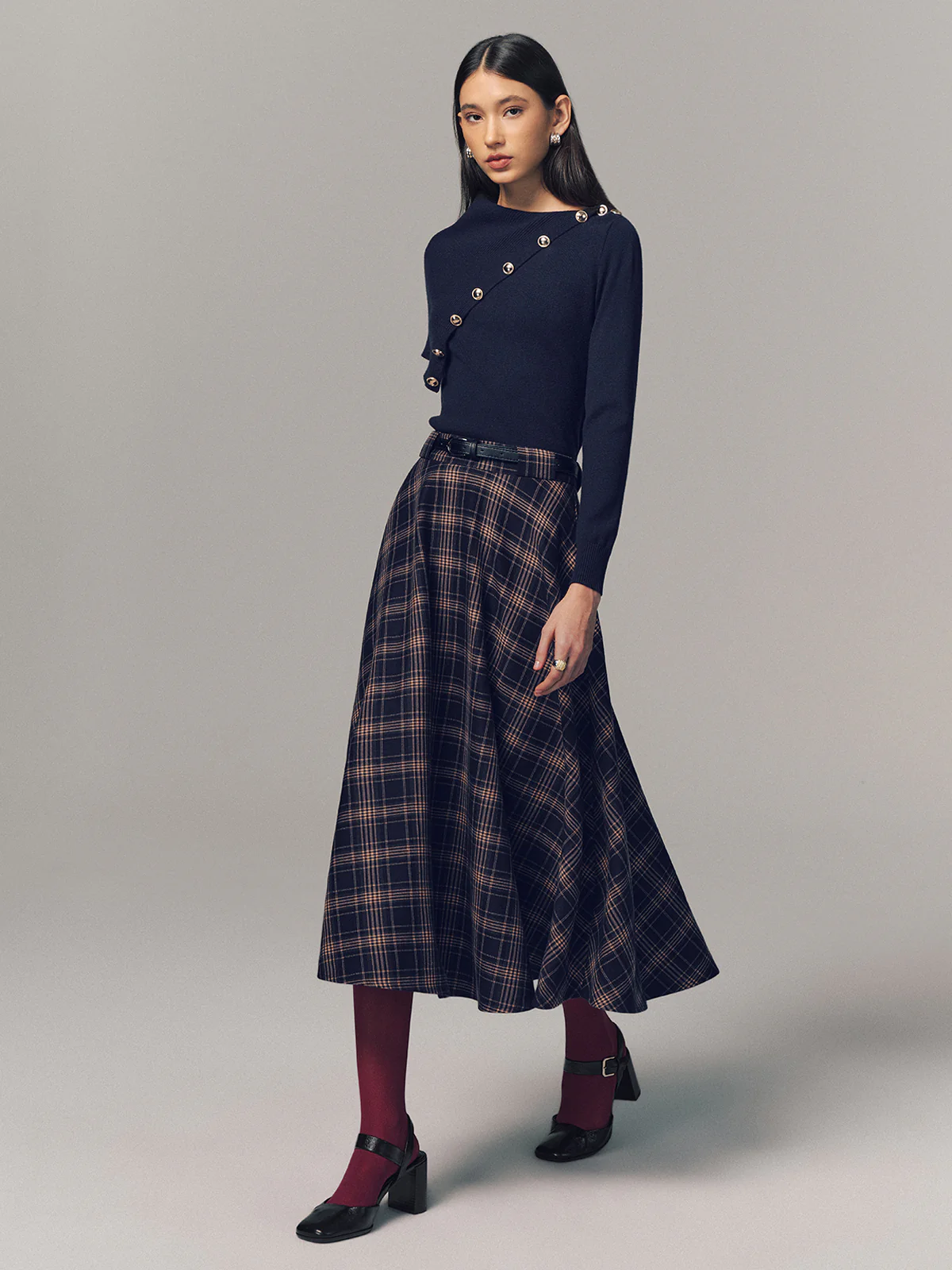 Belted Plaid A-line Midi Skirt