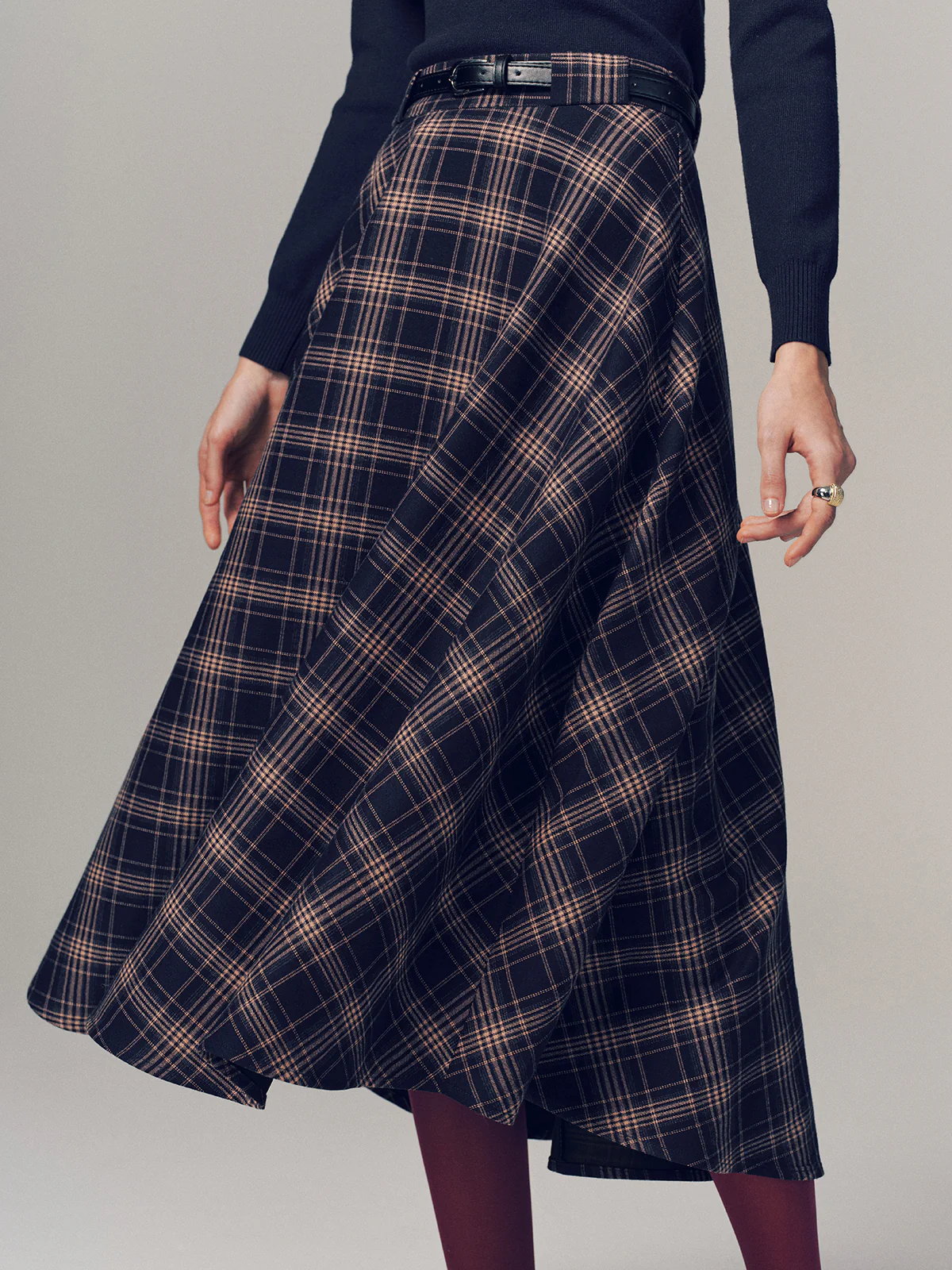 Belted Plaid A-line Midi Skirt - Image 6