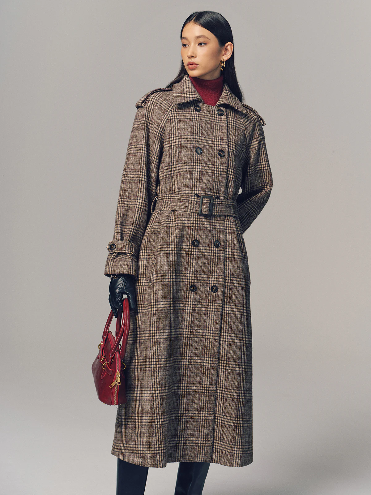 Belted Plaid Double-Breasted Long Trench Coat - Image 3