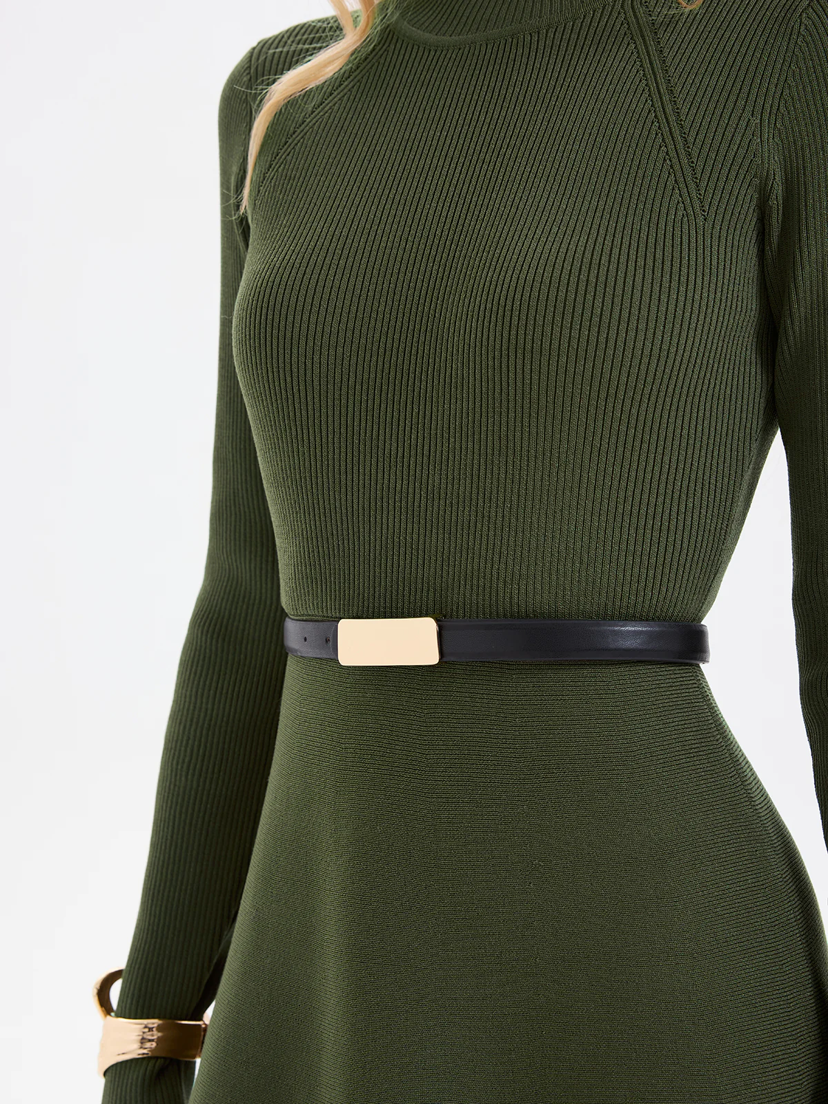 Belted Ribbed Turtleneck Knit Mini Dress - Image 4