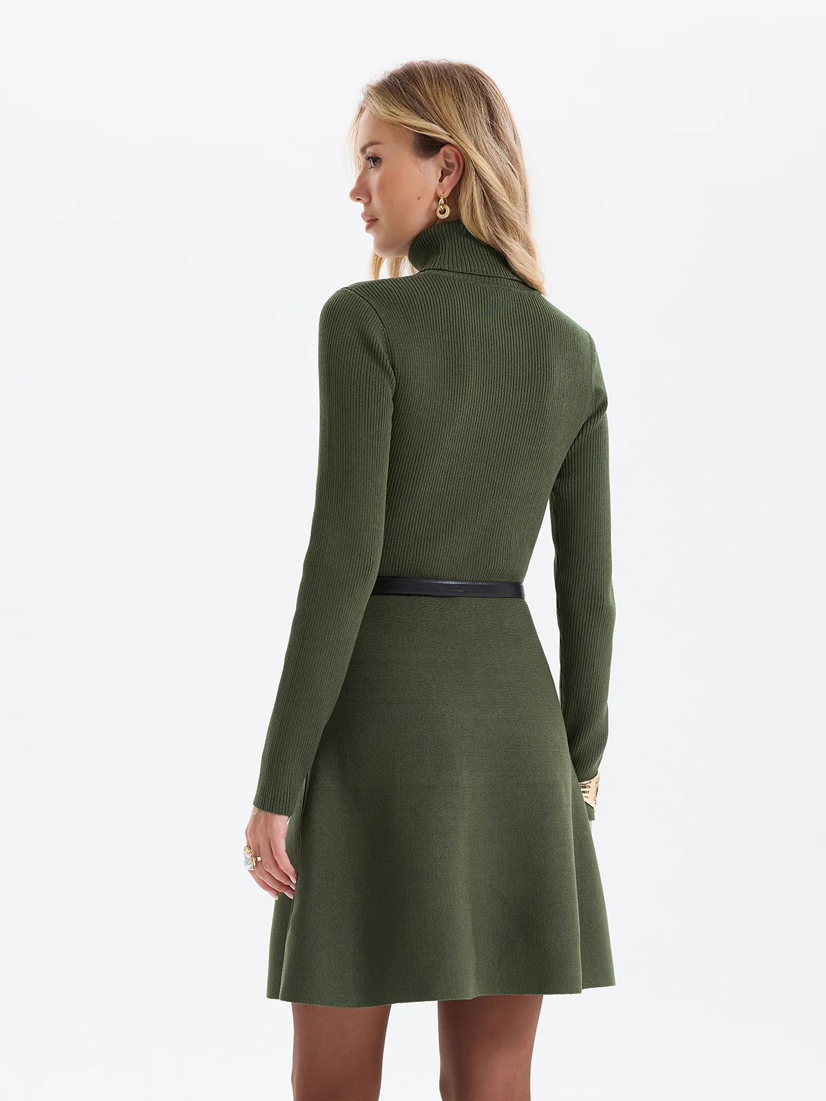 Belted Ribbed Turtleneck Knit Mini Dress - Image 6