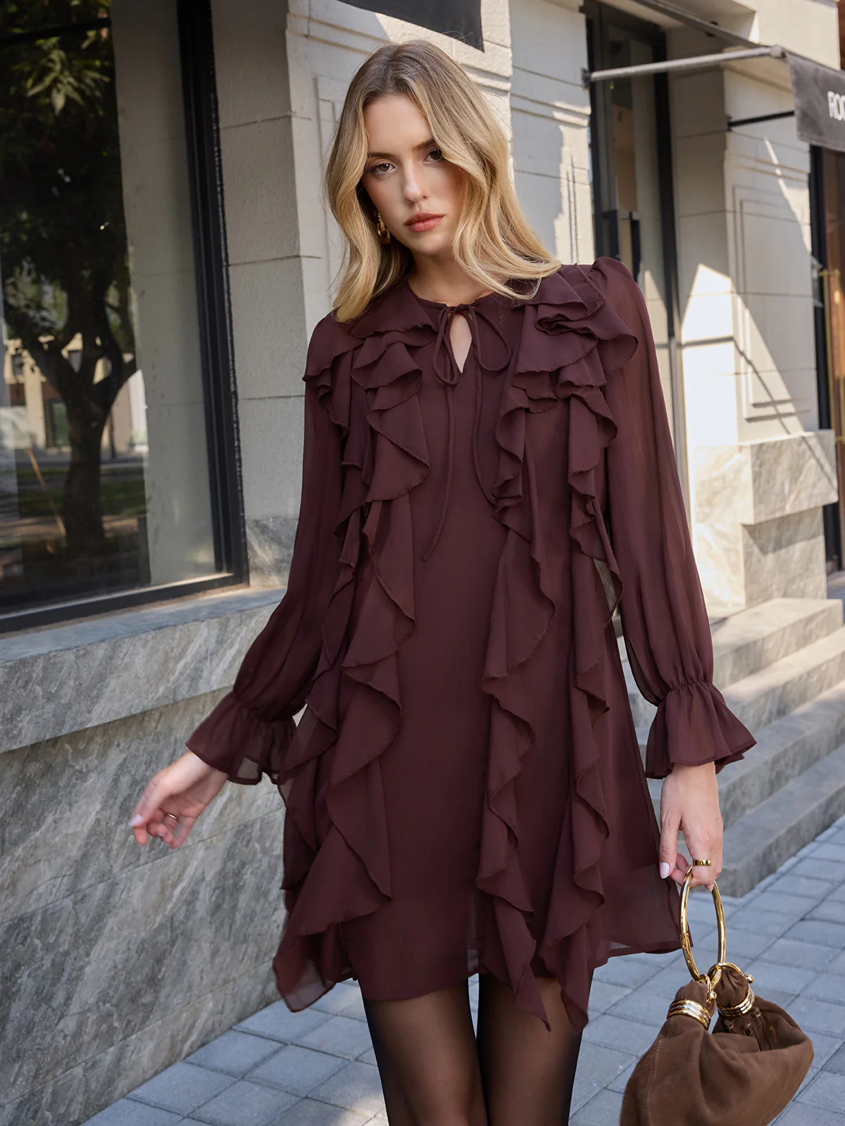 Belted Ruffle Tie-Neck Chiffon Mini Dress - Image 3