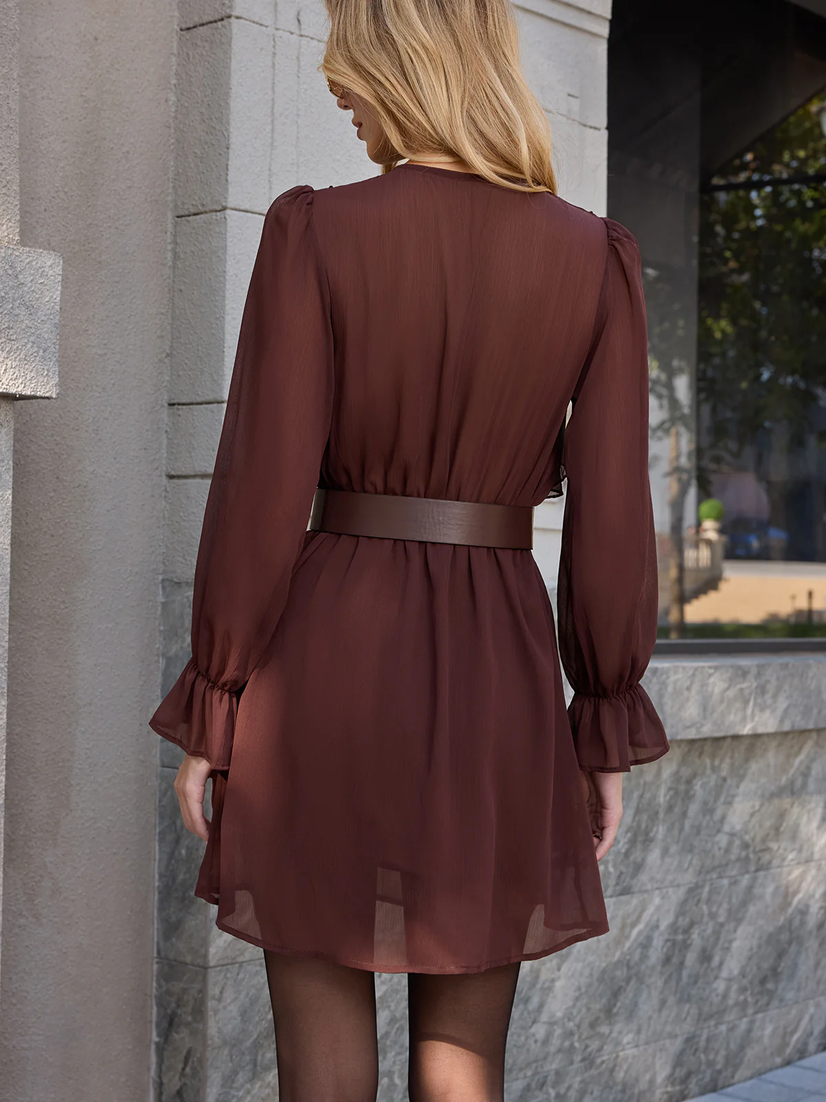 Belted Ruffle Tie-Neck Chiffon Mini Dress - Image 6