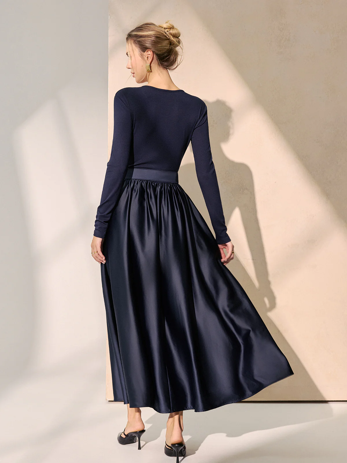Belted Satin Panel V-Neck Long Sleeve Maxi Dress - Image 6