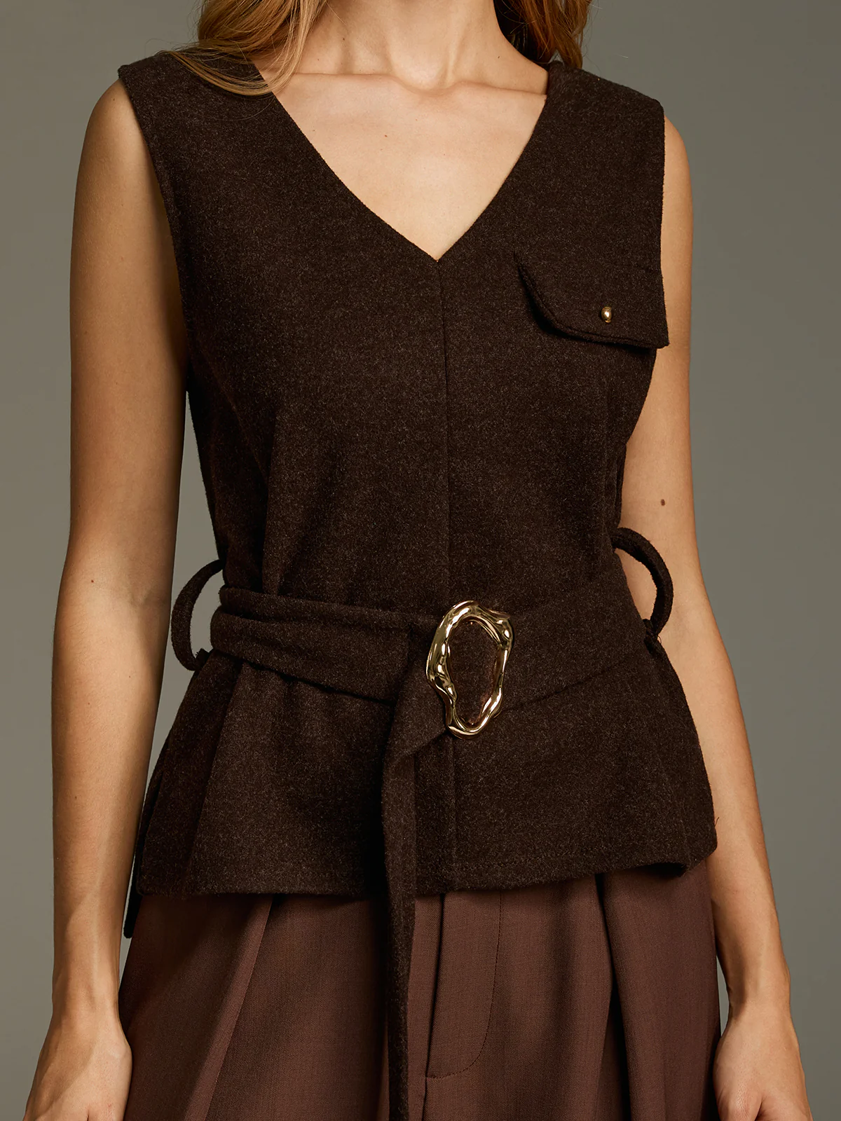Belted Sleeveless V-Neck Vest - Image 2