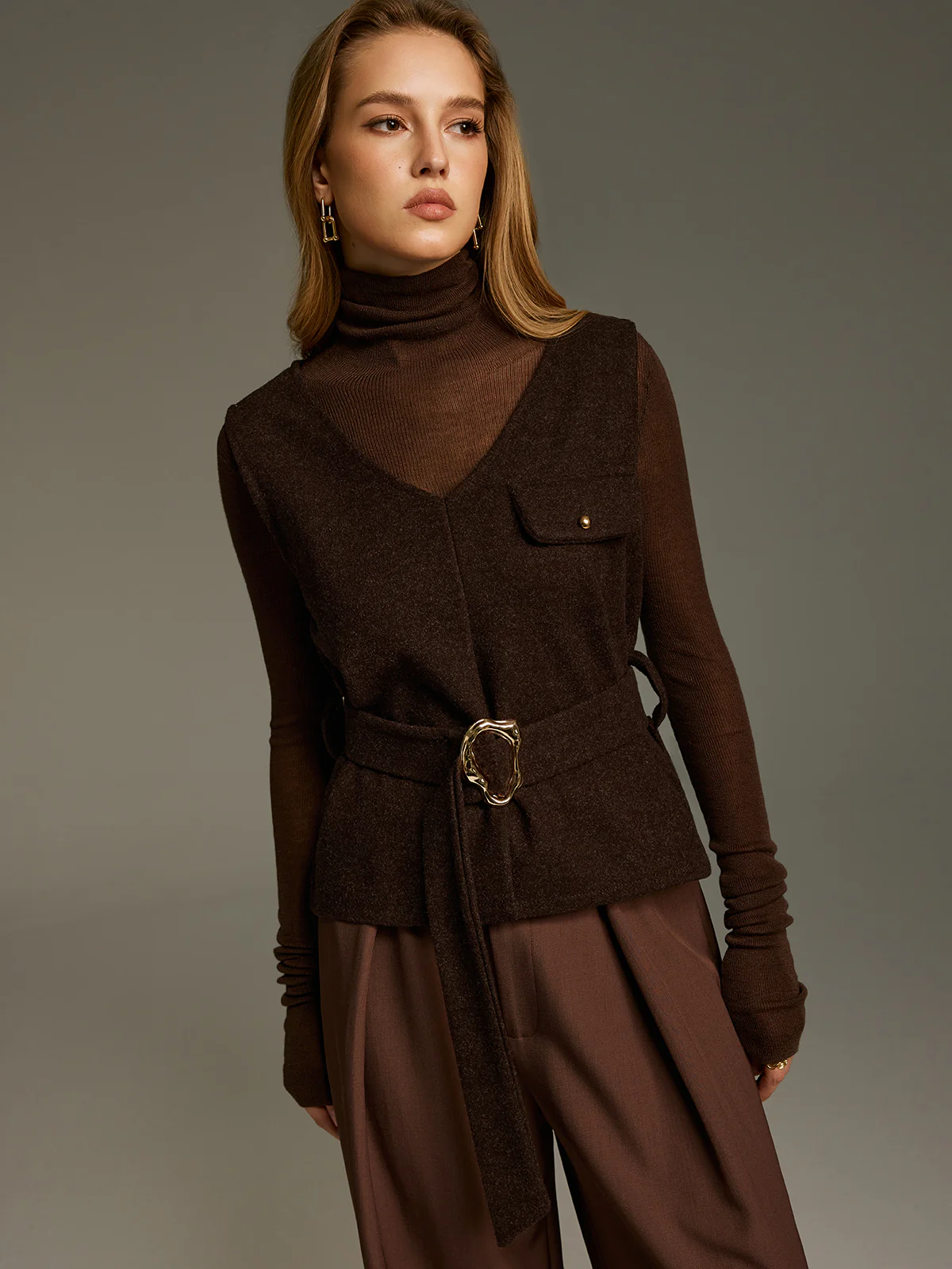 Belted Sleeveless V-Neck Vest - Image 3