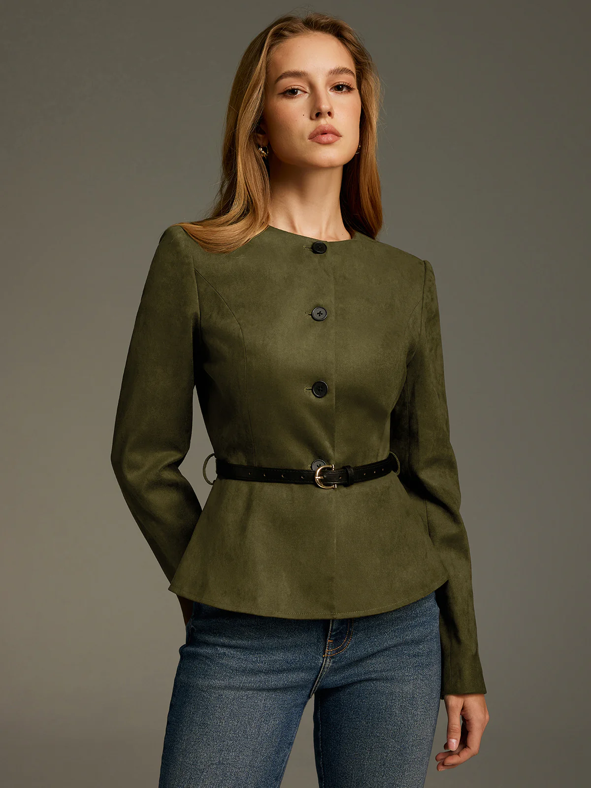 Belted Suede Effect Peplum Jacket - Image 2