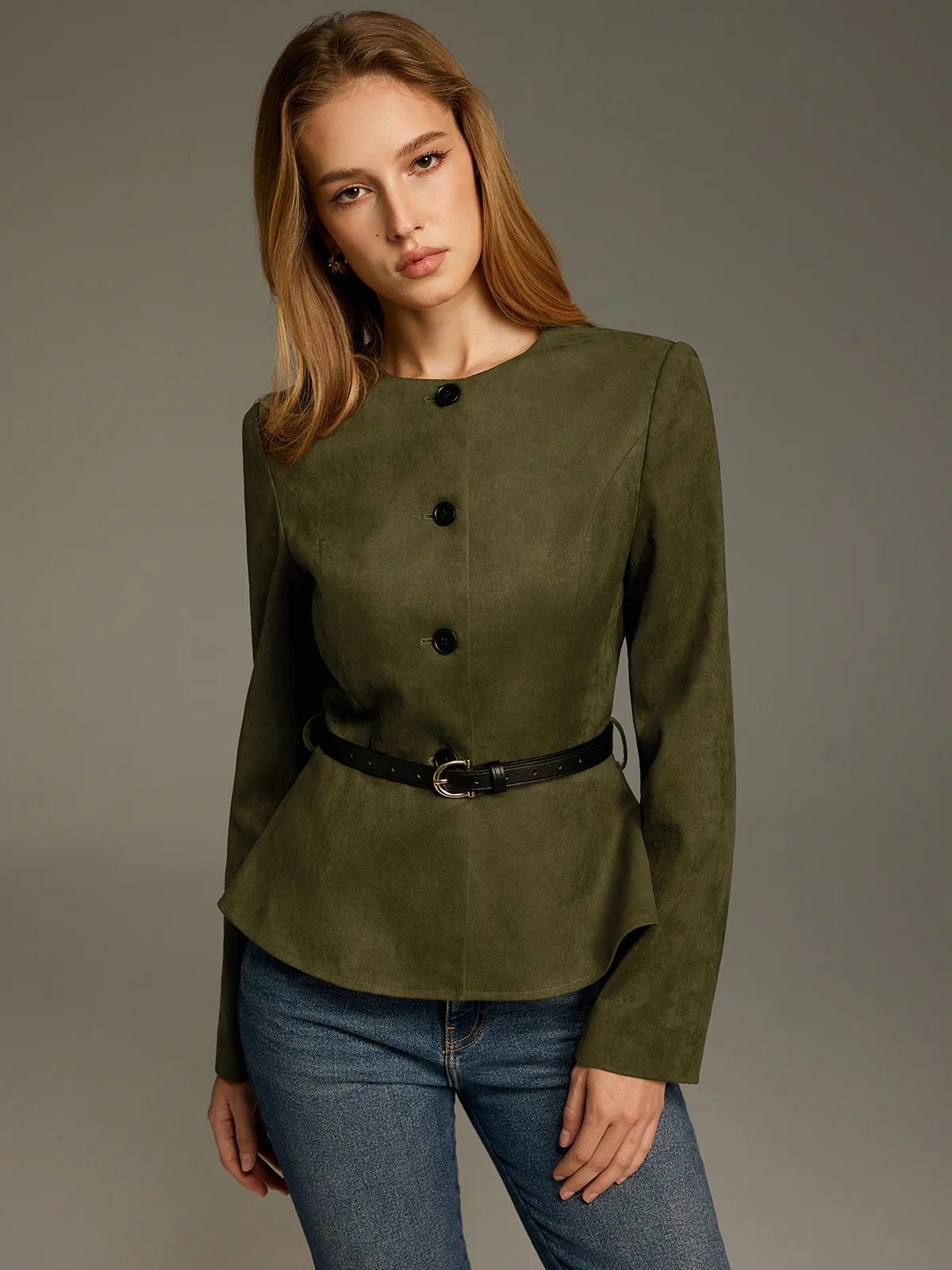 Belted Suede Effect Peplum Jacket - Image 4