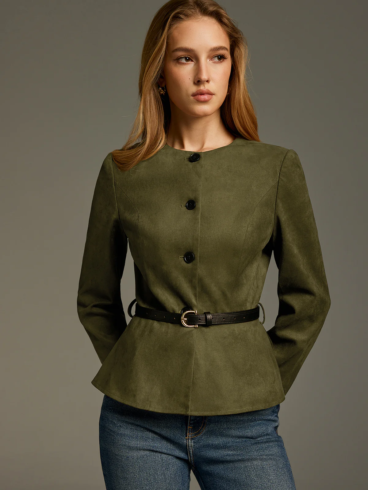 Belted Suede Effect Peplum Jacket - Image 5