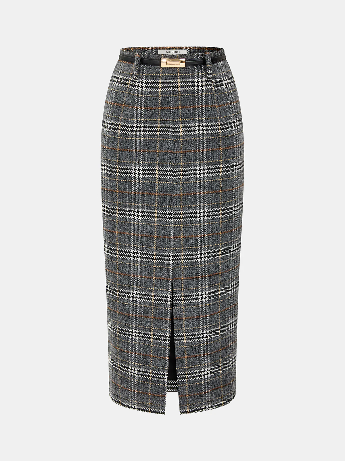 Belted Tweed Plaid Midi Skirt - Image 2