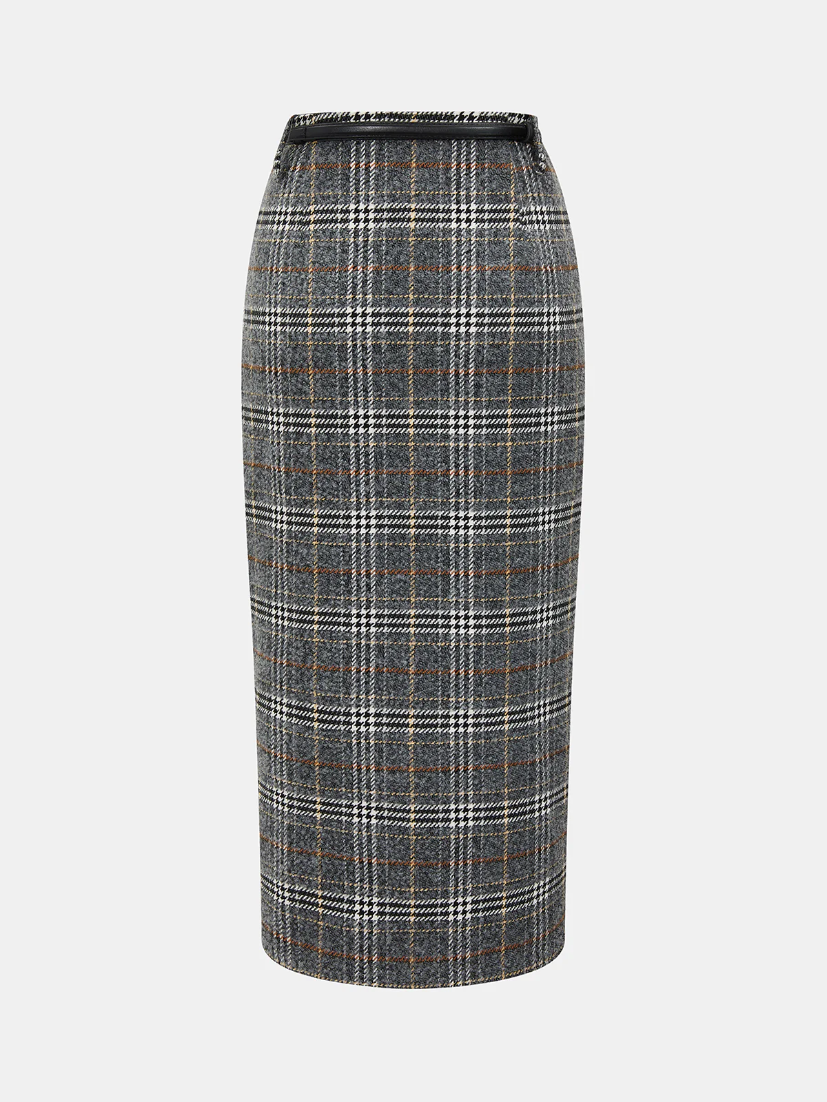 Belted Tweed Plaid Midi Skirt - Image 9